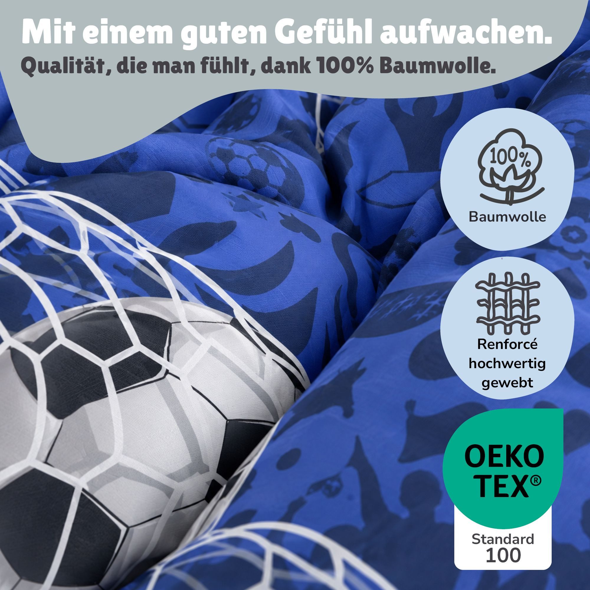 Familando Kinderbettwäsche Fußball, Set 135x200 80x80 cm, 100% Baumwolle, Reißverschluss, Renforcé, 2 teilig, mit Schriftzug und Wendeseite – Bild 5 von 5