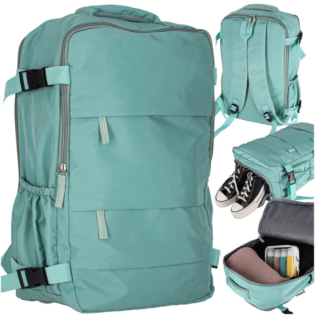 Ikonka Rucksack Reiserucksack Handgepäck Kabinenrucksack (Spar-Set, 1-tlg., 45x30x13 cm erweiterbar), 3 Fächer, 4 Außentaschen, Kompressionsriemen, Schuhfach