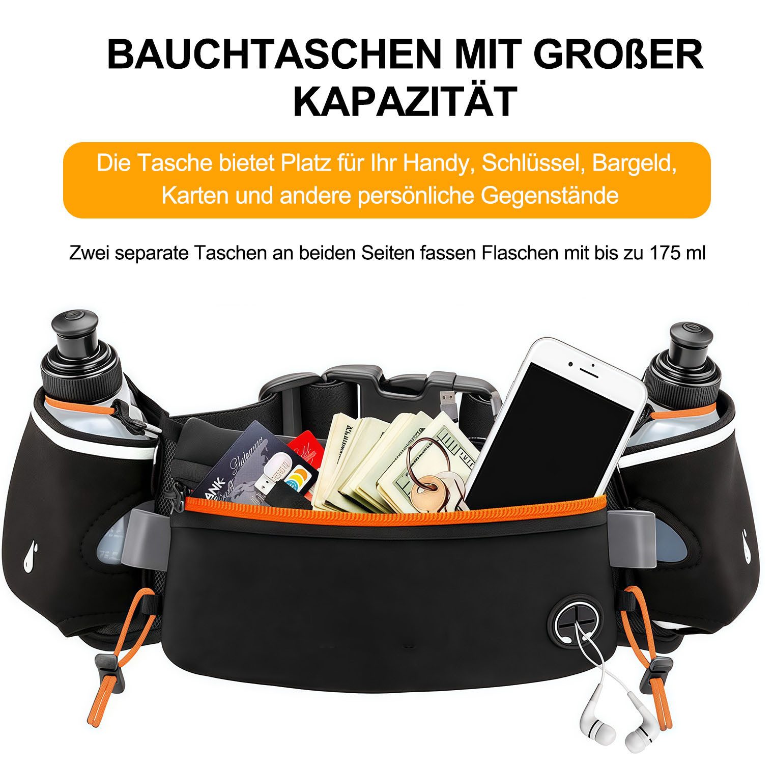 MOPUEA Laufgürtel Running Waist Pack, Laufgürtel mit Wasserflasche, Fitness (für Marathon, Laufen, Wandern, Radfahren, 1-St., Trinkgürtel, wasserdichte Hüfttasche) passend für iPhones, verstellbare Sport-Hüfttasche