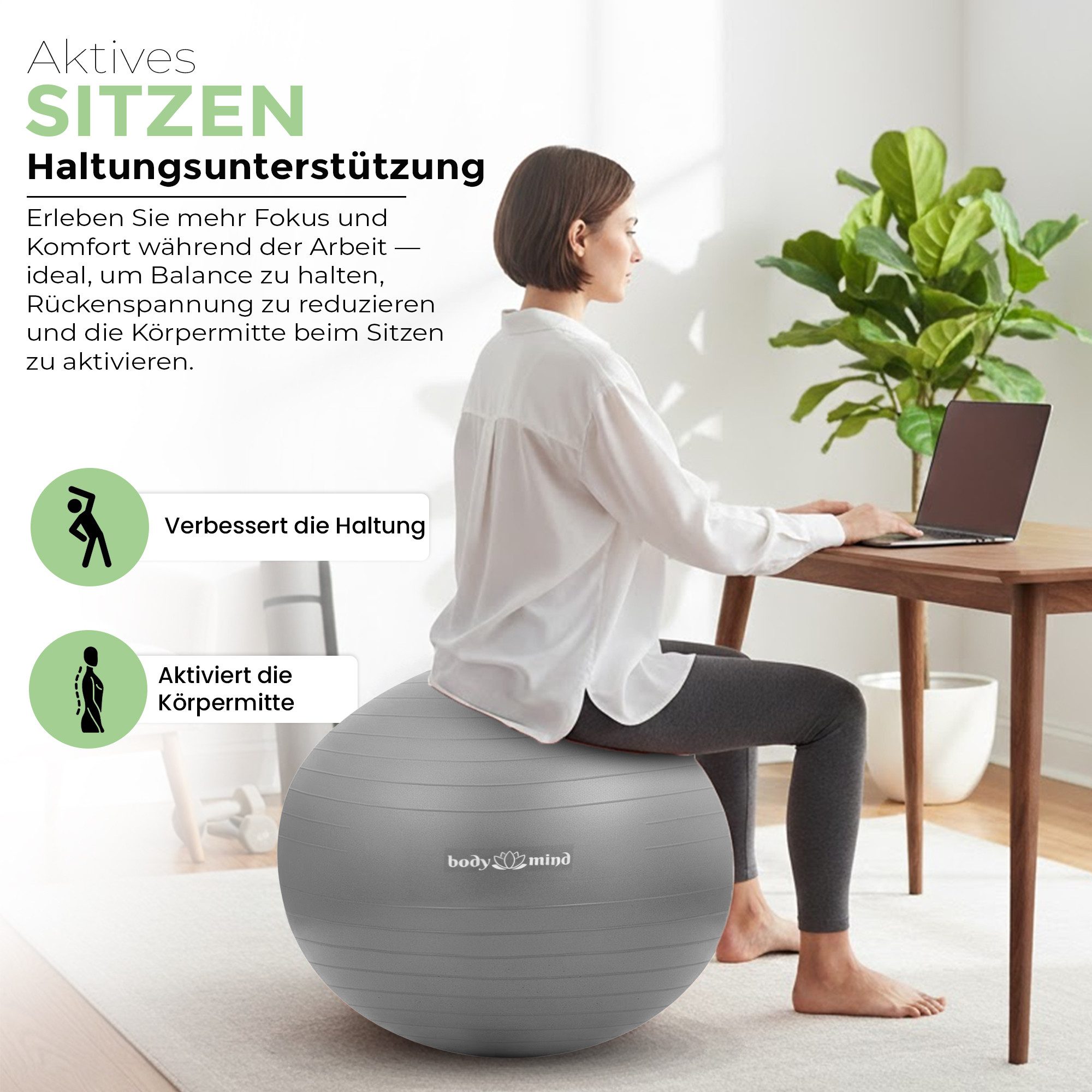 Body & Mind Gymnastikball Fitnessball Gymnastikball Yoga Pilates Ball Anti-Burst mit Pumpe