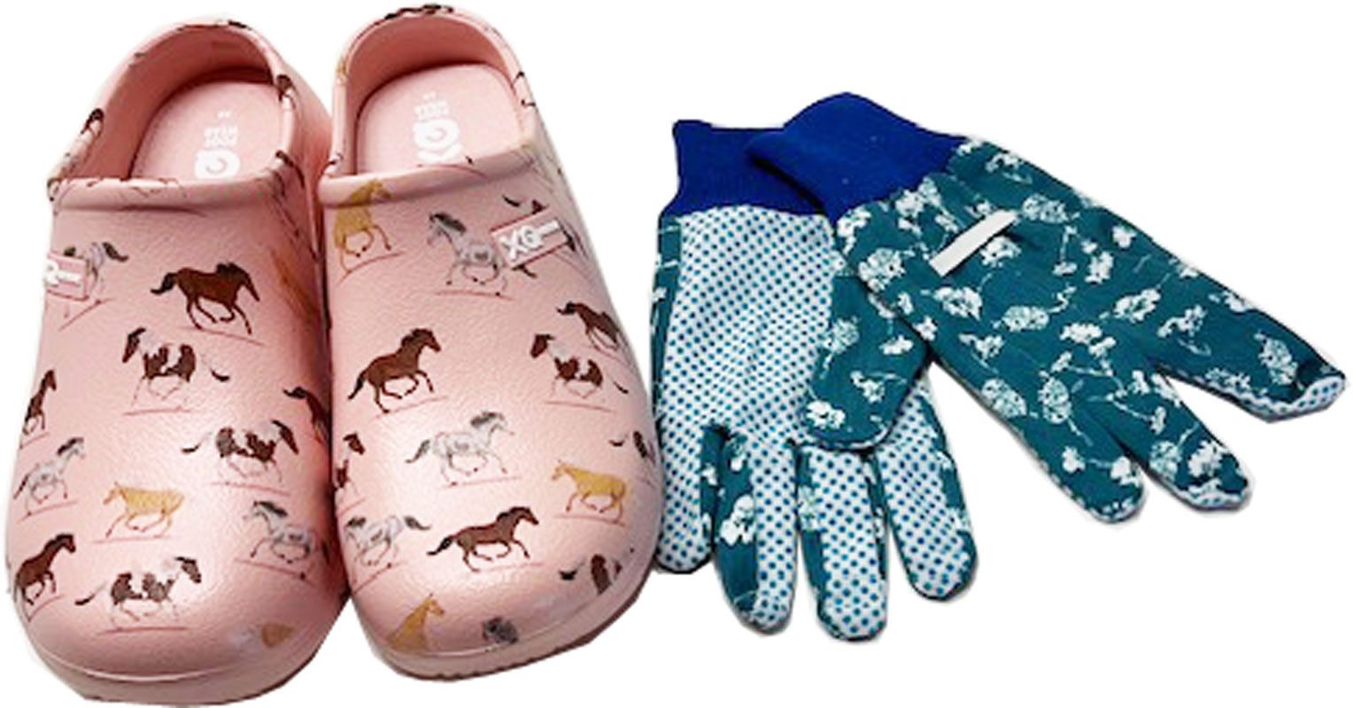 Angro Gartenclogs Pferd mit Handschuhe 2 teiliges Set Clog