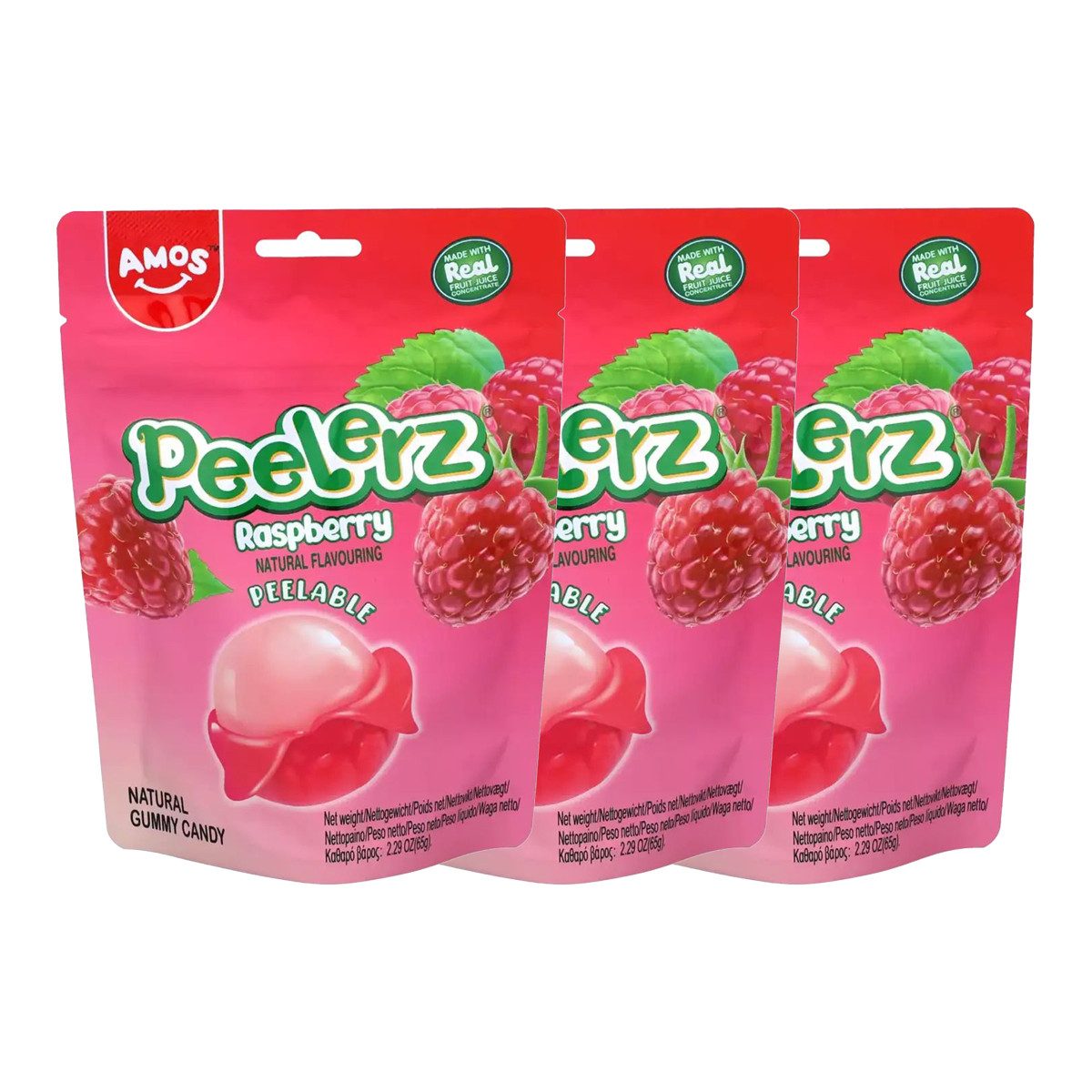 AMOS Süßigkeit, Amos Peelerz Gummies Raspberry mit fruchtiger Füllung 65g 3er Pack