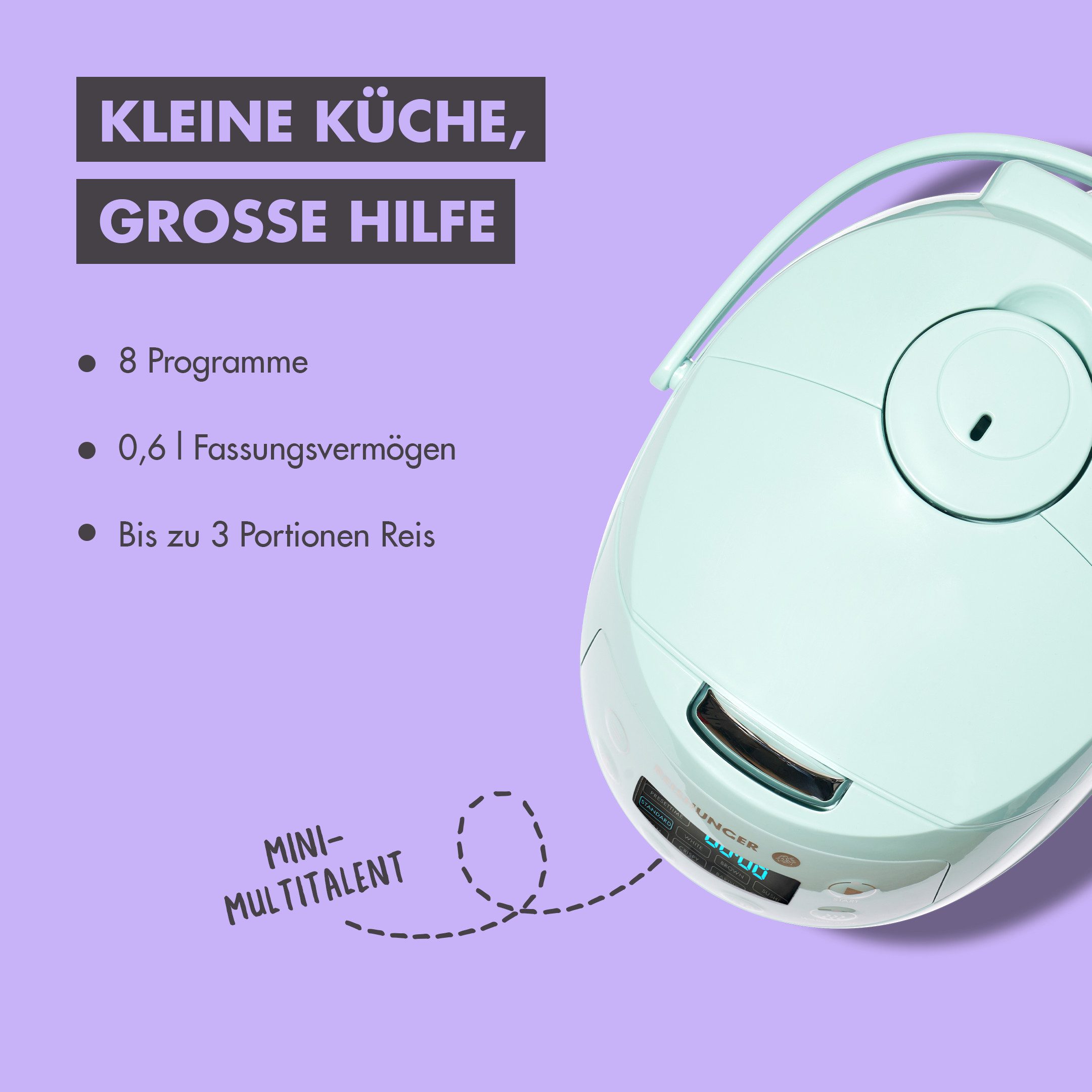 Reishunger Reiskocher - Digitaler Mini Reiskocher, 350 W, Dämpfeinsatz, Messbecher, Reislöffel, Timer- und Warmhaltefunktion
