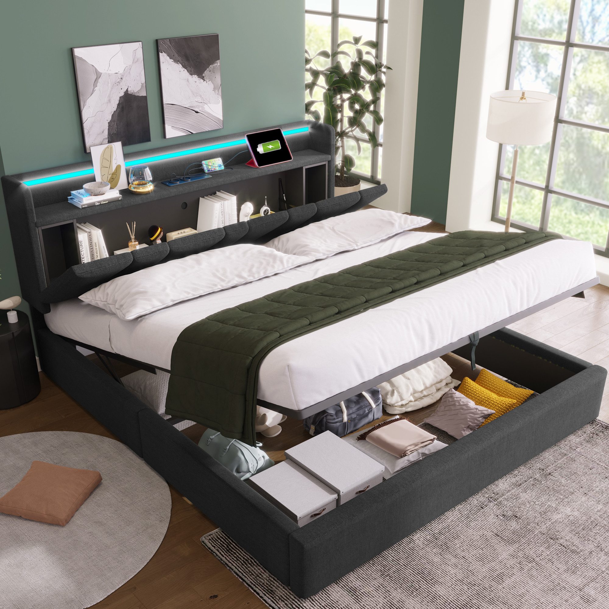 Polsterbett Doppelbett mit aufladen USB Ladefunktion Stauraum-Kopfteil