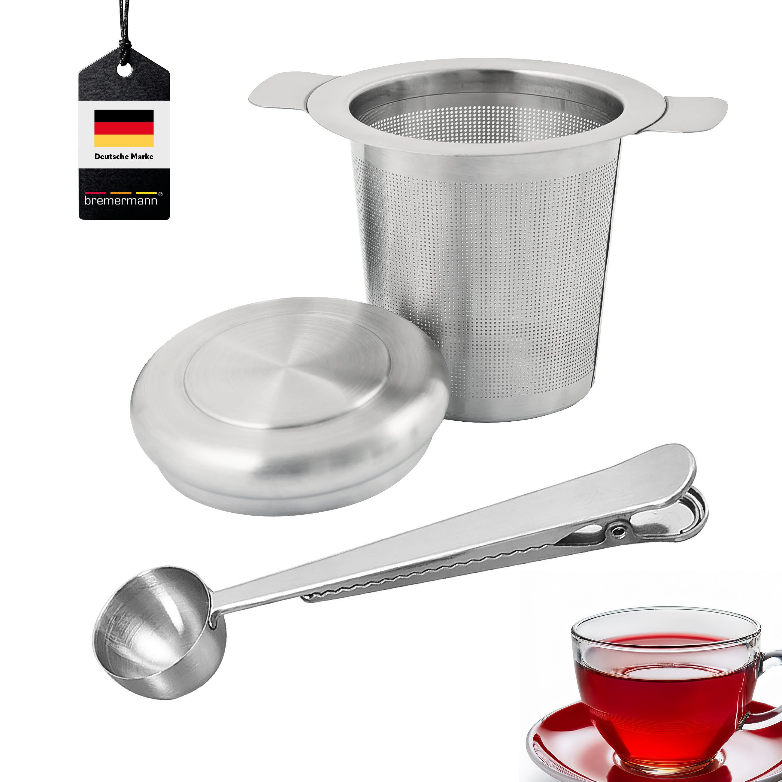 bremermann Teesieb und Teelöffel mit Klammer, aus Edelstahl, Edelstahl, (2-St), mit Deckel
