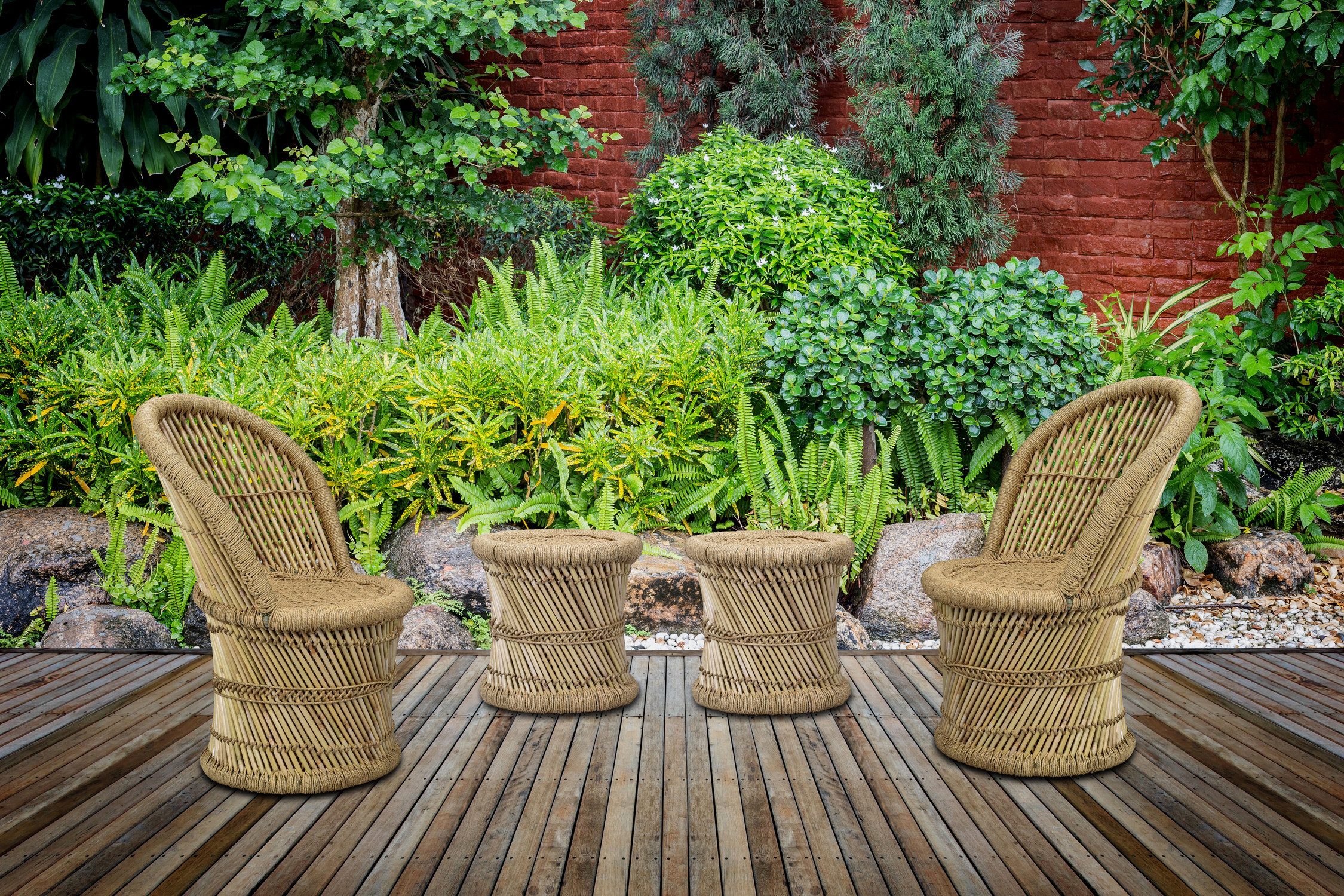 Marrakesch Orient & Mediterran Interior Sitzhocker 4er Set Boho Garten-Set Aleja & Benita Natur aus Bambus in Beige 76 cm (4 St), Handarbeit