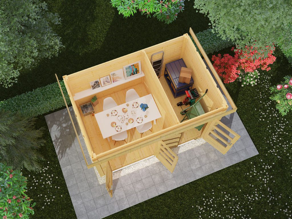 Karibu Gartenhaus Gartenhaus Zweiraumhaus Appelhorn 28 mm terragrau, BxT: 424x274 cm, 28 mm Wandstärke, Einzeltür mit Kunstglas-Einsätzen