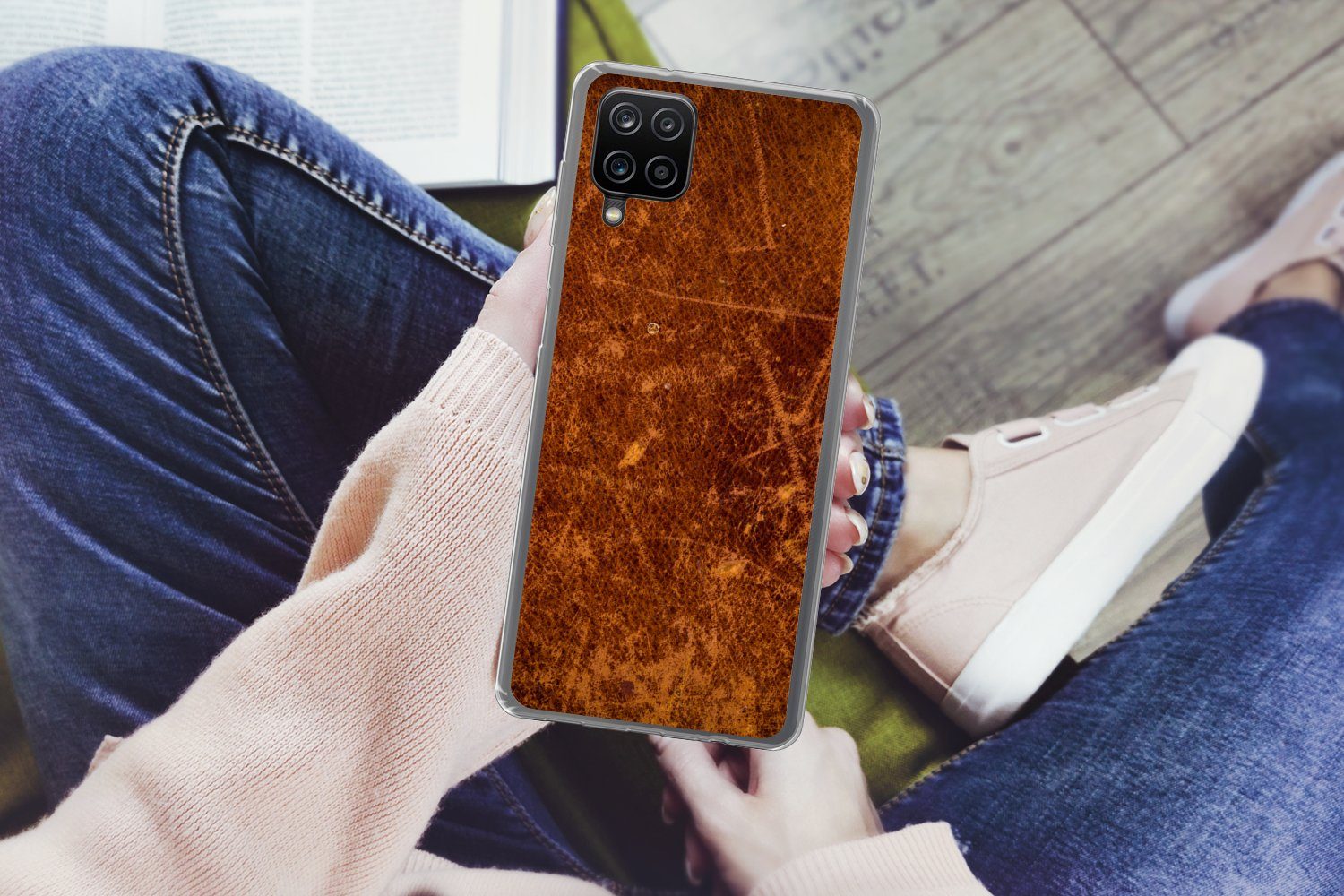 MuchoWow Handyhülle für Samsung Galaxy A12 Leder - Lederoptik - Braun - Orange, Smartphone-Bumper, Print, Handy Schutzhülle Dünn