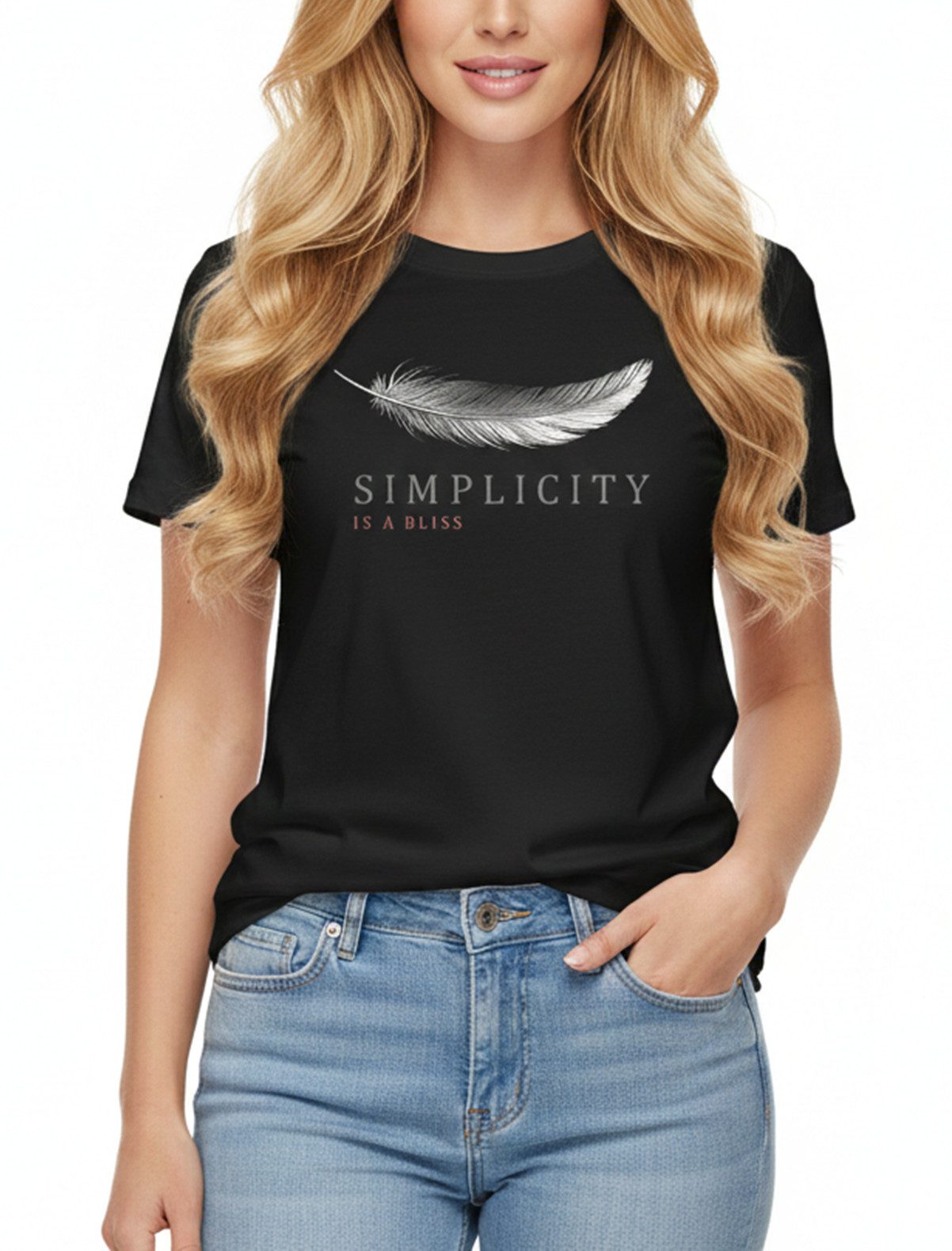 MAKAYA Print-Shirt Damenshirt mit Federn & Spruch – Stylisches Boho Sprüche-Top (Schwarz, S, M, L, XL) Baumwolle