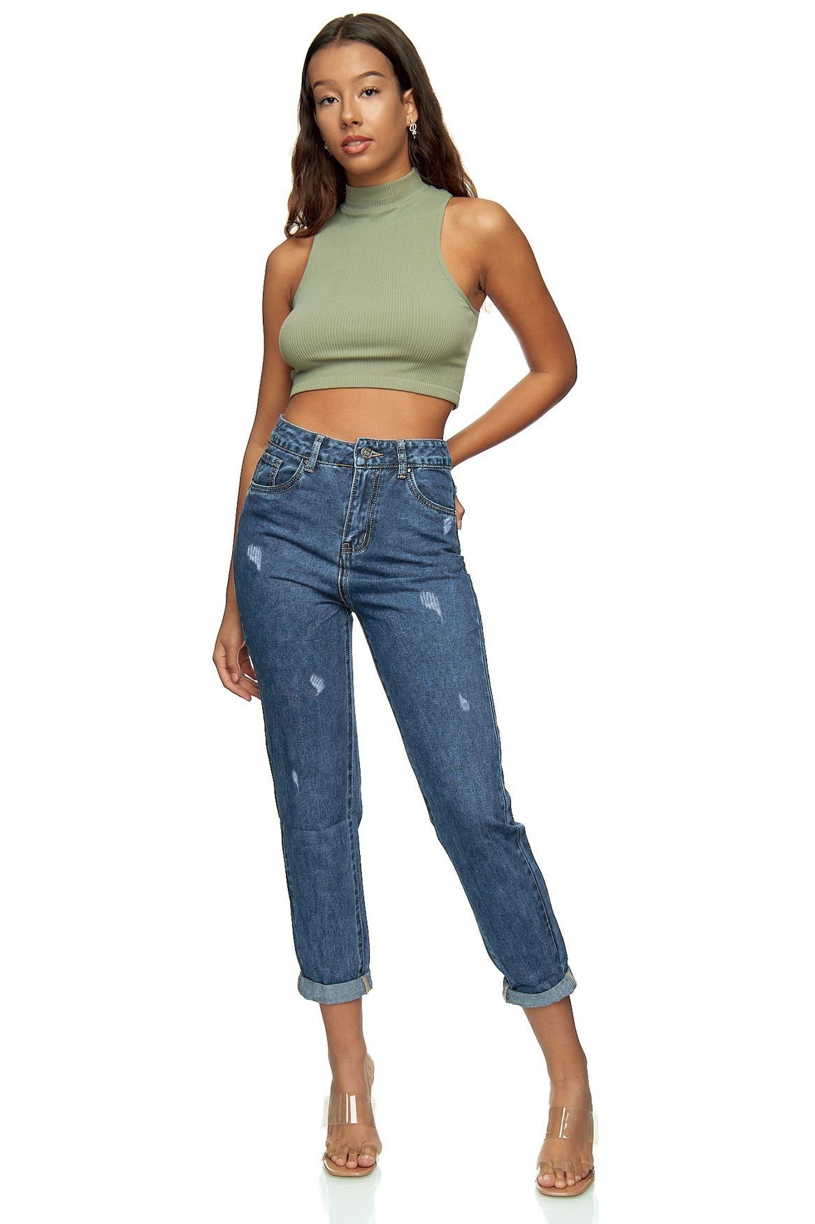 HELLO MISS Boyfriend-Jeans »Damen Regular Fit High Waist Jeans Bleached  Wash Denim 3/4 Hose« (1-tlg) 3404 in Blau-2 online kaufen | OTTO