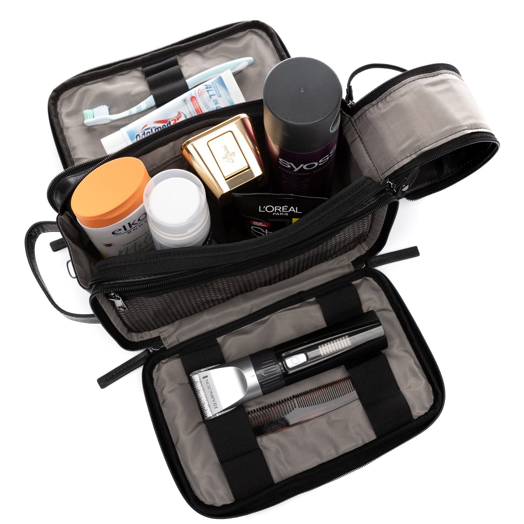 SID & VAIN Kulturbeutel echt Leder Kulturtasche groß schwarz LOUIS, Waschbeutel Echtleder für Damen & Herren, Kosmetiktasche schwarz