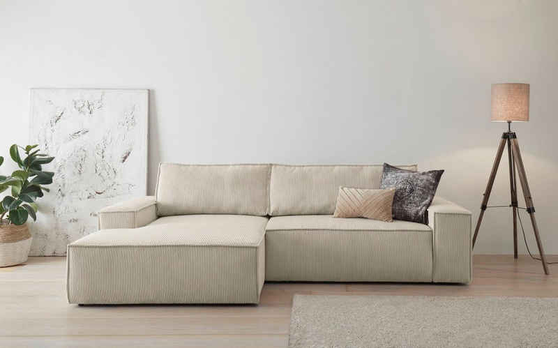 Home affaire Ecksofa SHERWOOD Schlafsofa 267 cm, L-Form, Schlaffunktion mit Bettkasten (210x136 cm), Cord, Vintage, Samtvelours