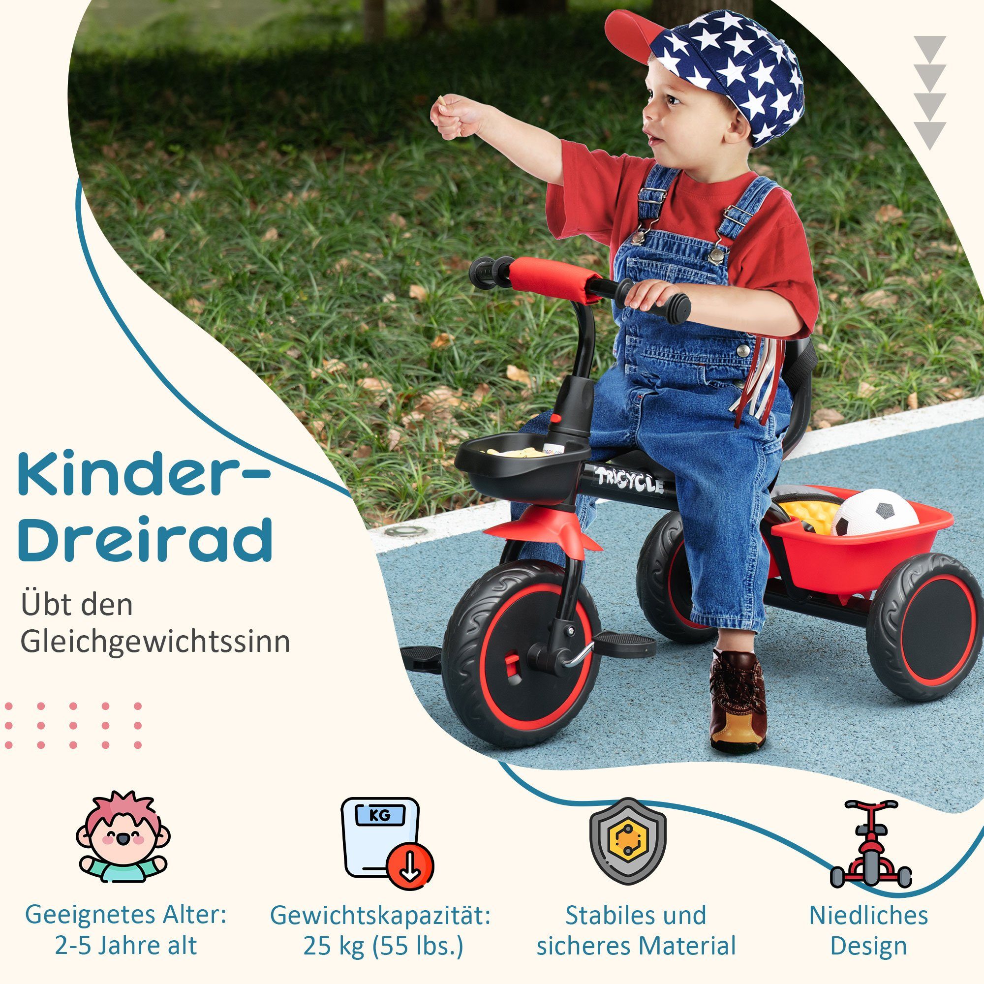 AIYAPLAY Dreirad Kinderdreirad Kinderfahrrad mit Beckengurt Pedalen, Fahrradkorb, Rot+ Schwarz