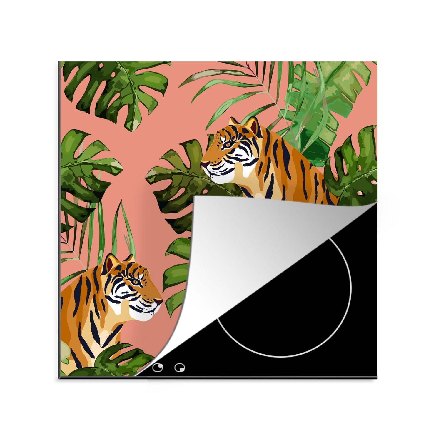 MuchoWow Herdblende-/Abdeckplatte Monstera - Tiger - Botanisch, Vinyl, (1 tlg), 78x78 cm, Ceranfeldabdeckung, Arbeitsplatte für küche | Herdabdeckplatten