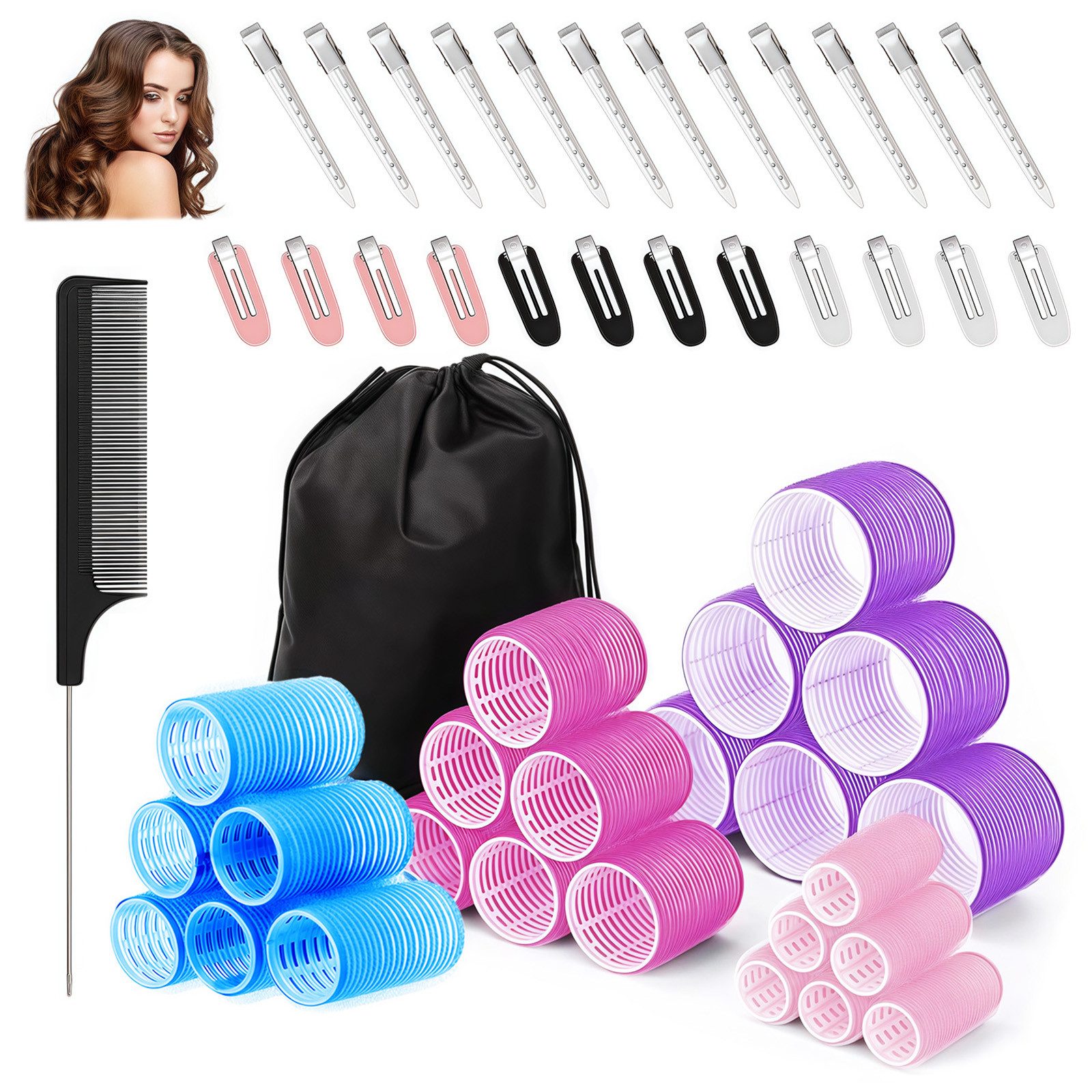 FANNOU Haarstyling-Set Lockenwickler Set mit 24 Lockenwicklern (4 Größen 60/45/36/25mm), mit 24 Edelstahl Klammern Hair Rollers für Lange Mittlere Kurz Haar