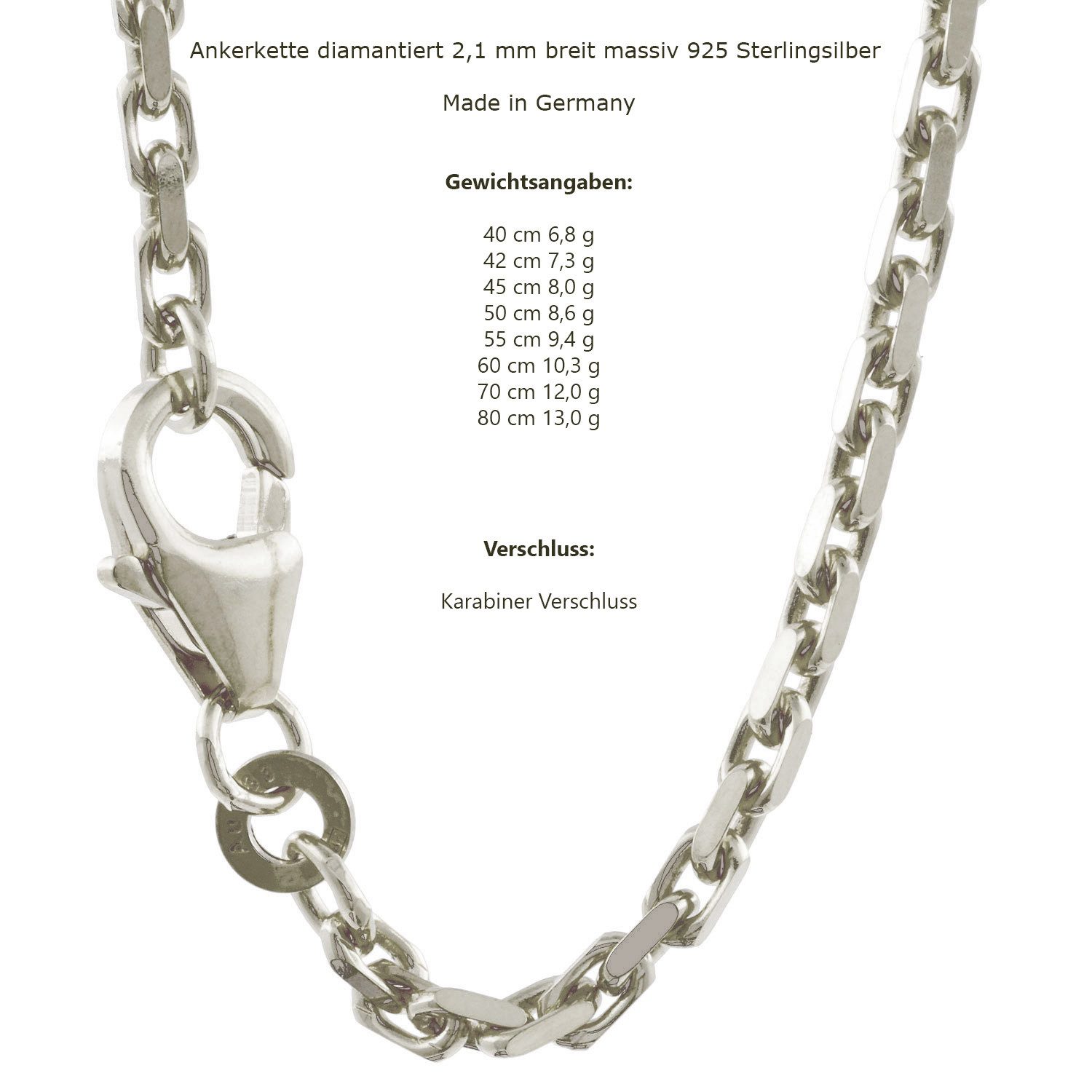 HOPLO Silberkette Ankerkette diamantiert Länge 42cm - Breite 2,1mm - 925 Si günstig online kaufen