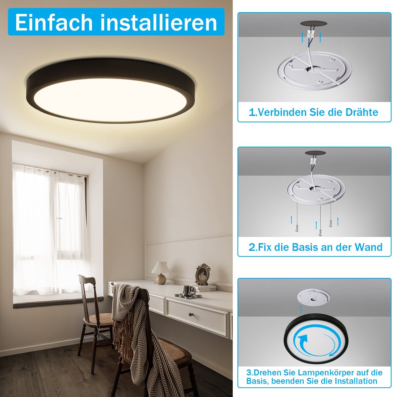 fest Deckenleuchte Leicht Flach Warmweiß, Wohnzimmer, wasserdicht, reinigen, Rund ZMH LED zu schwarz für 24W integriert, LED Modern