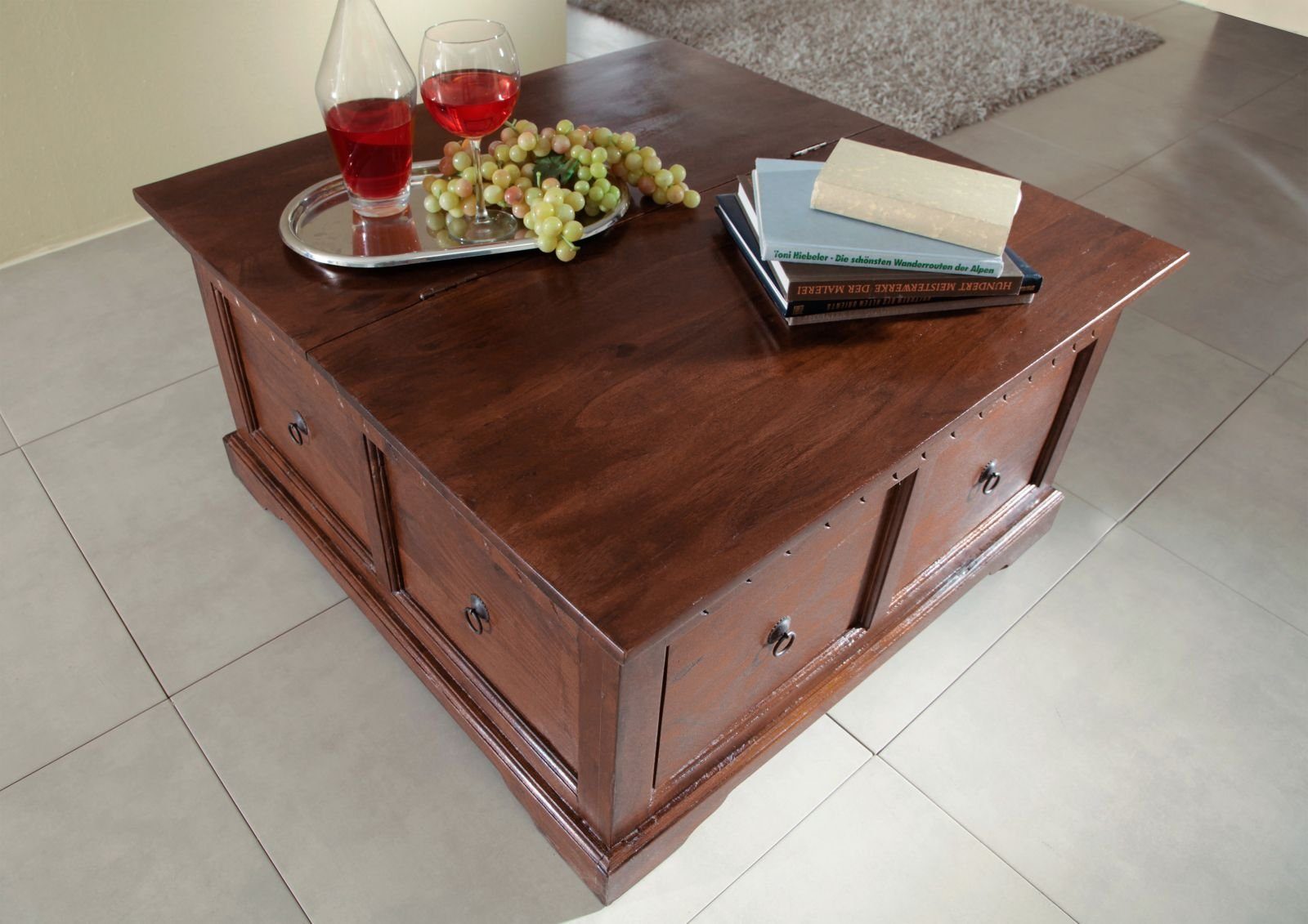 Massivmoebel24 Truhe OXFORD (1 St., Truhe Akazie 90x90x45 nougat lackiert OXFORD #416), Truhe Akazie 90x90x45 nougat lackiert OXFORD #416