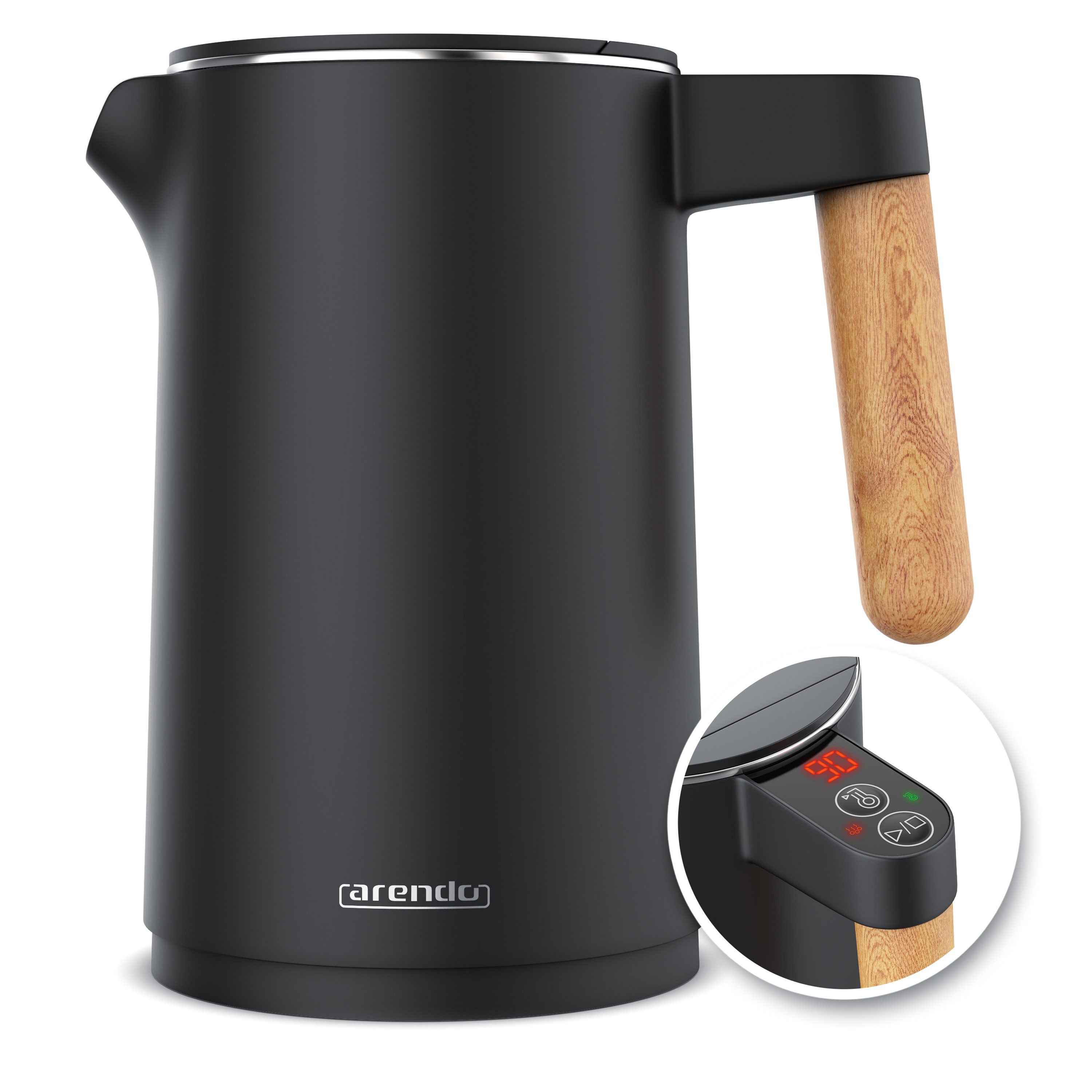 Arendo Wasserkocher Edelstahl, Temperatureinstellung 40° - 100 °C mit Anzeige, Doppelwand, 1,5 l, 2200 W, Warmhaltefunktion, 360° Basis, mit Griff in Holzoptik, BPA-frei