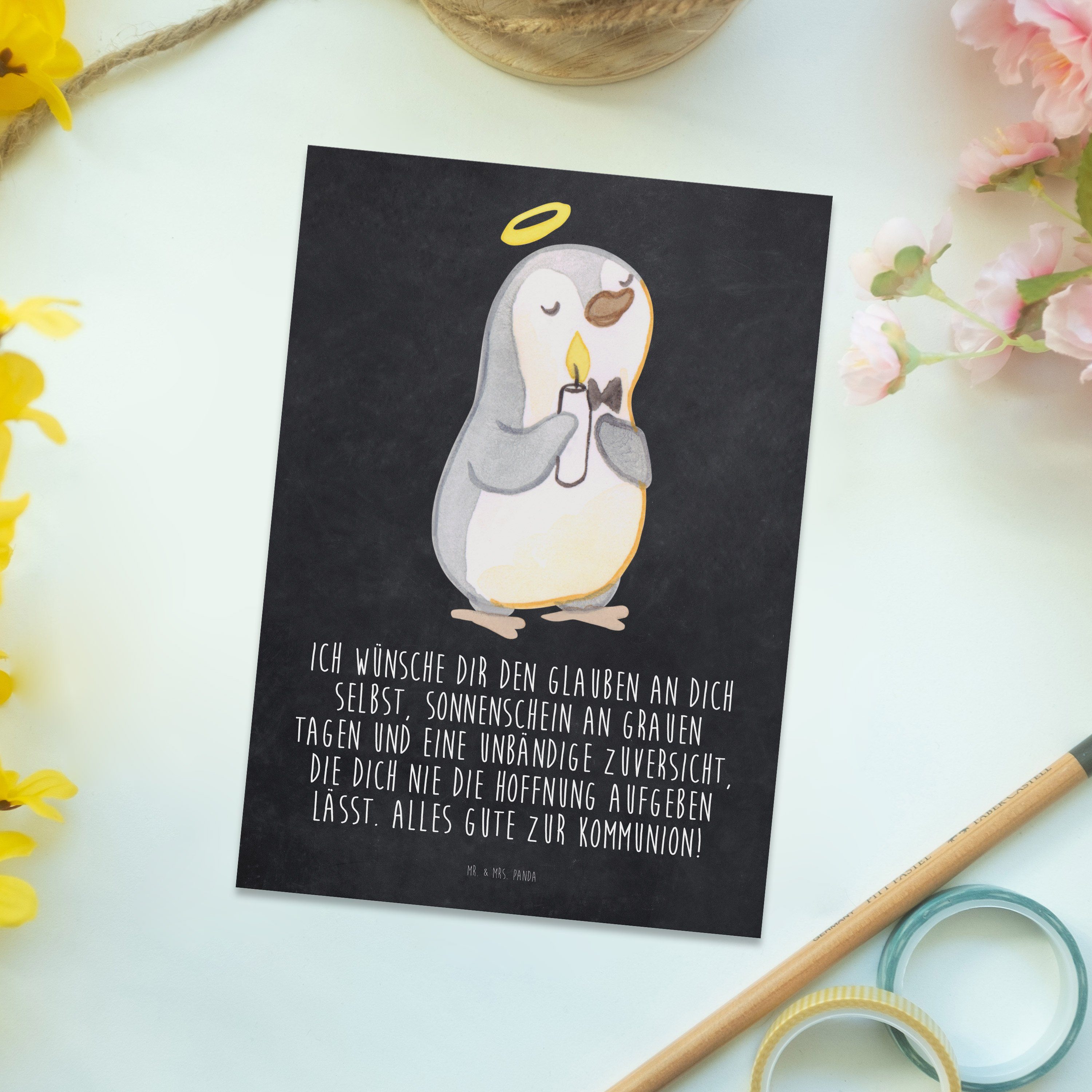 Gr Kommunion & Postkarte Glauben, Geschenk, Sonnenschein, Kreidetafel Mrs. - Mr. Panda - Pinguin