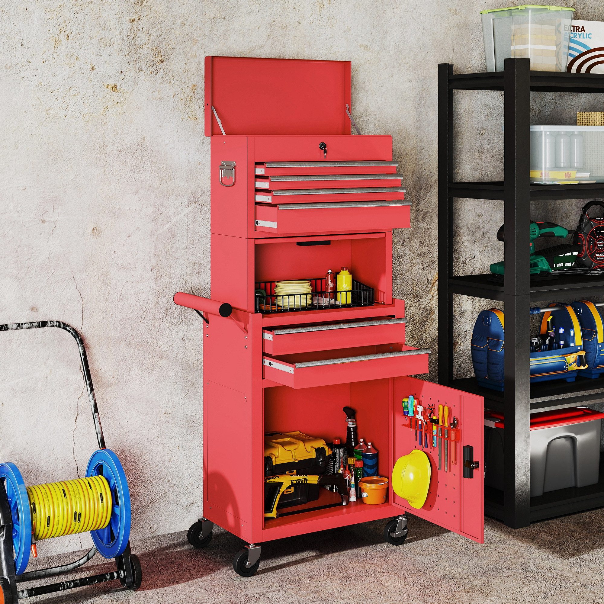HOMCOM Werkstattwagen, mit 4 Rollen, 2 Schlüssel, max. Traglast:100 kg, 0-tlg. Werkzeugset, (Werkzeugwagen, 1-tlg., 3-in-1 Werkzeugschrank), für Garage, Werkstatt, Rot