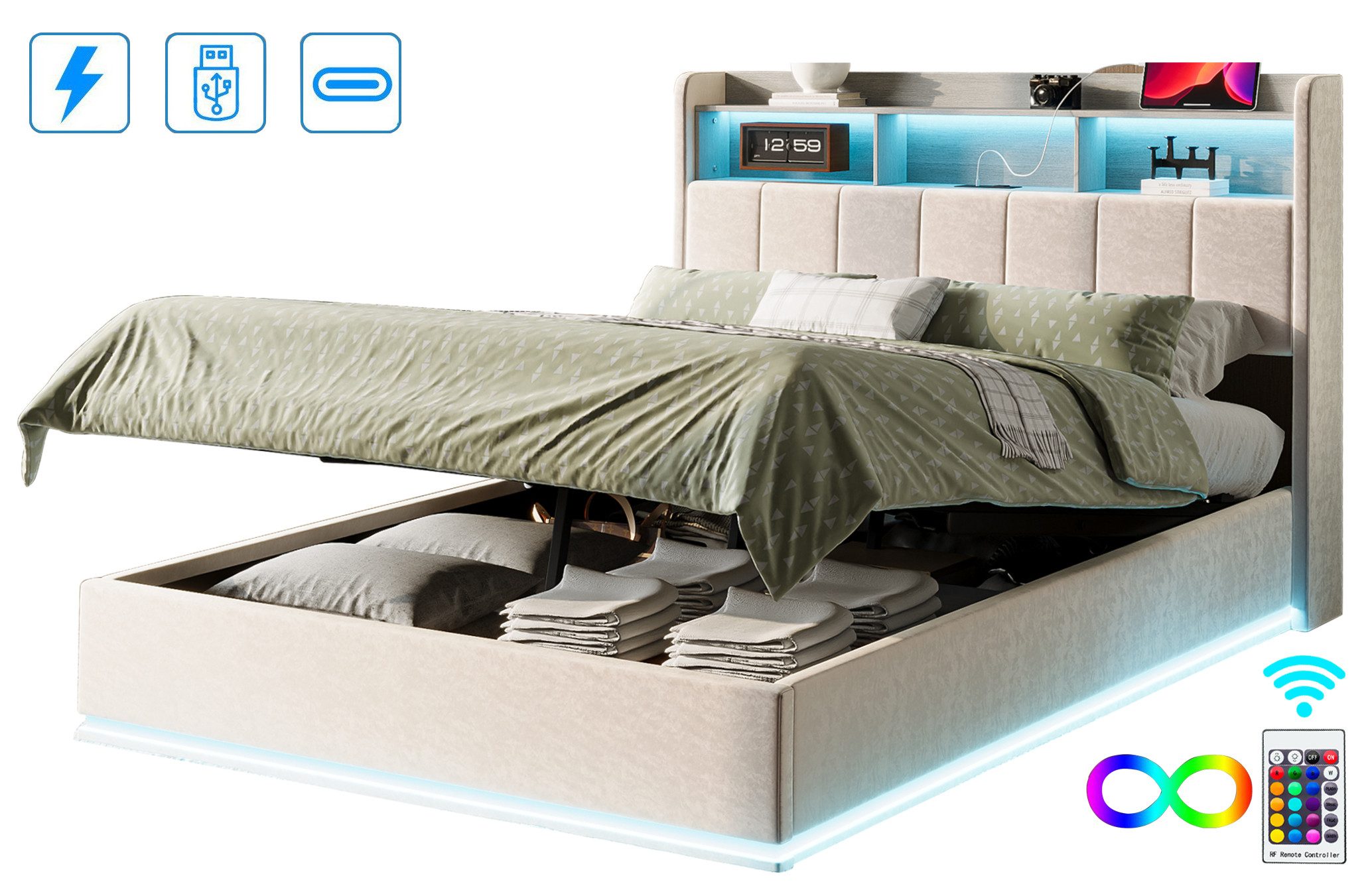 FUROKOY Polsterbett Doppelbett Stauraumbett Hydraulisch anhebbarer günstig online kaufen