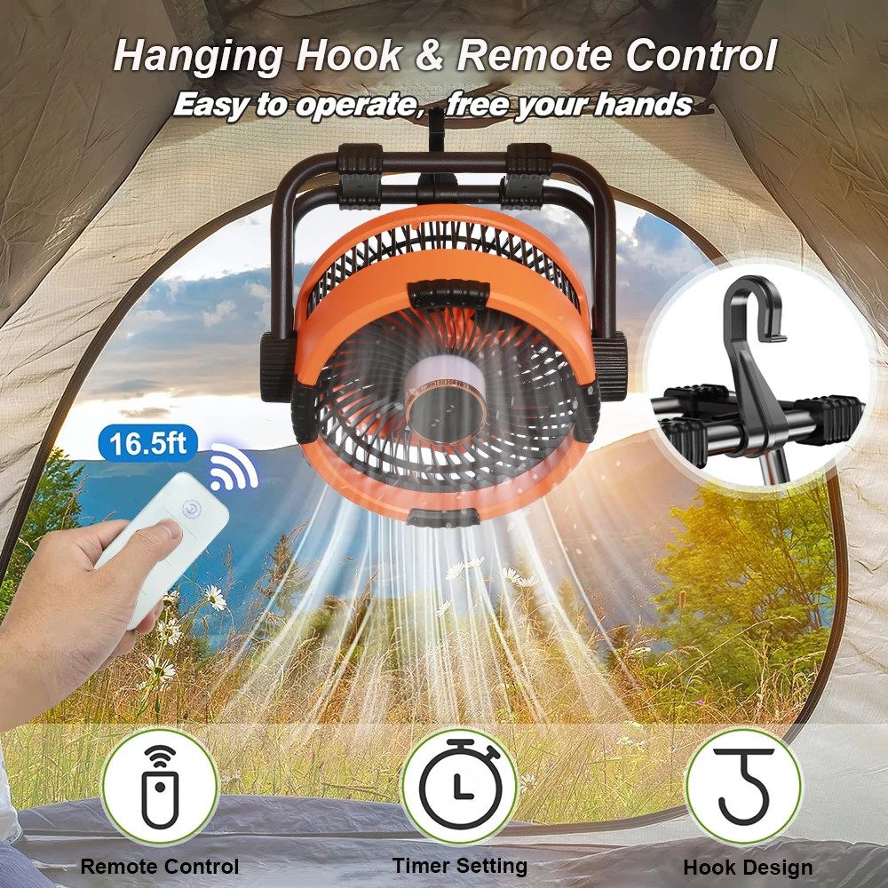 Athlix Bodenventilator Camping Ventilator Wiederaufladbar 20.000 mAh Outdoor Draußen, 100 Stunden Laufzeit, Fernbedienung, Licht, Powerbank