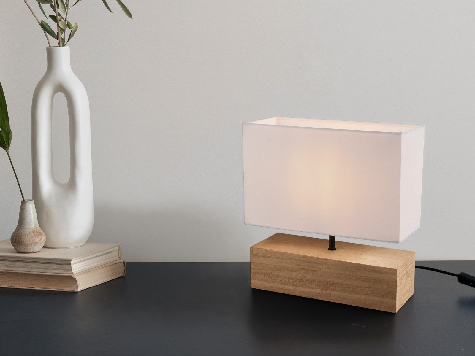 Reality Leuchten LED Nachttischlampe, LED wechselbar, Warmweiß, mit Holz-fuß Fensterlampe für Fensterbank Schweden dimmbar Breite 30cm