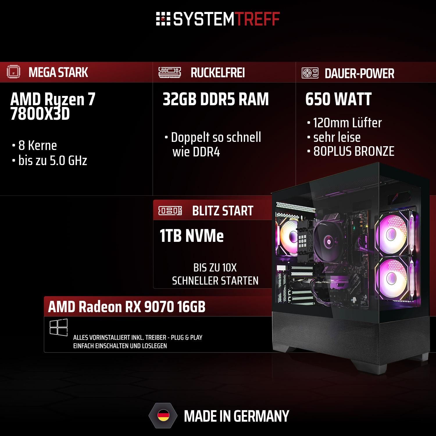 SYSTEMTREFF AMD Ryzen 7 7800X3D mit AMD Radeon RX 9070 16GB Gaming-PC (AMD 7800X3D 7800X3D, Radeon RX 9070, 32 GB RAM, 1000 GB SSD, Luftkühlung)