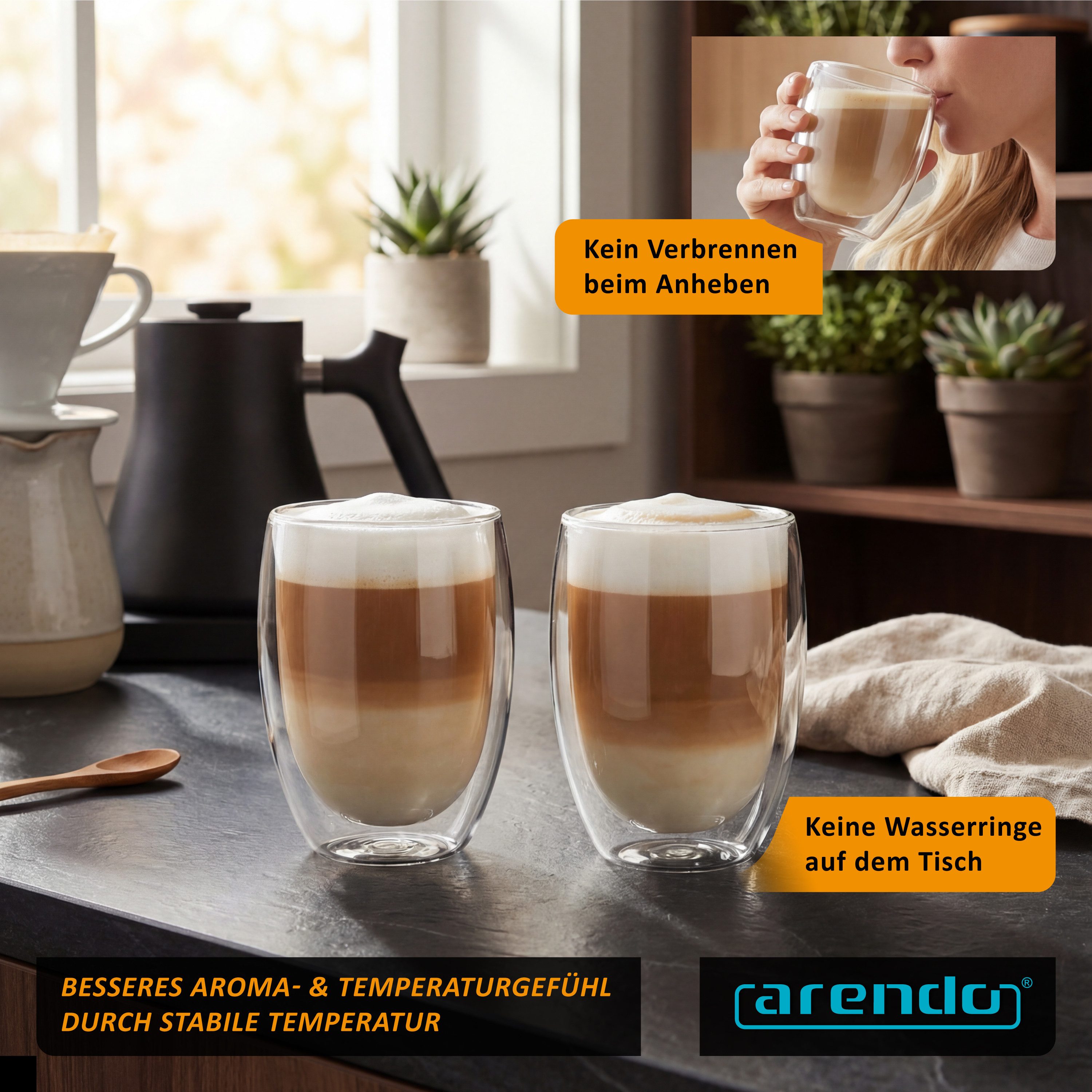 Arendo Gläser-Set doppelwandige Thermogläser, 350 ml Kaffeetasse, Trinkglas ohne Henkel, 2-tlg., Glas, für Latte Macchiato, Cappuccino, Tee, hitzebeständig spül – Bild 4 von 5