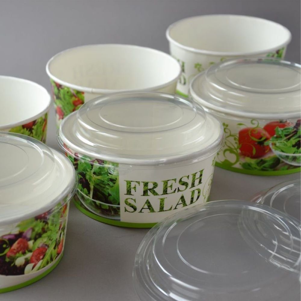 Pappsalatschale Salatschalen Salatbox mit Salad ml, 750 Stück 300 Paper rund, Cups Bowls Einwegschale Deckel, "Salat-Motiv",