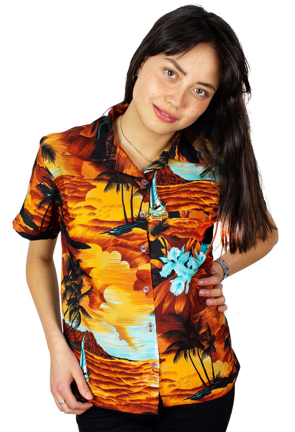 King Kameha Hawaiihemd Surf Funky Hawaiibluse Damen Kurzarm Front-Tasche Stylish