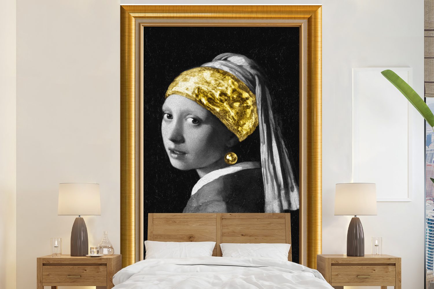 MuchoWow Fototapete Mädchen mit Perlenohrring - Vermeer - Gold - Rahmen, Matt, bedruckt, (3 St), Montagefertig Vinyl Tapete für Wohnzimmer, Wandtapete