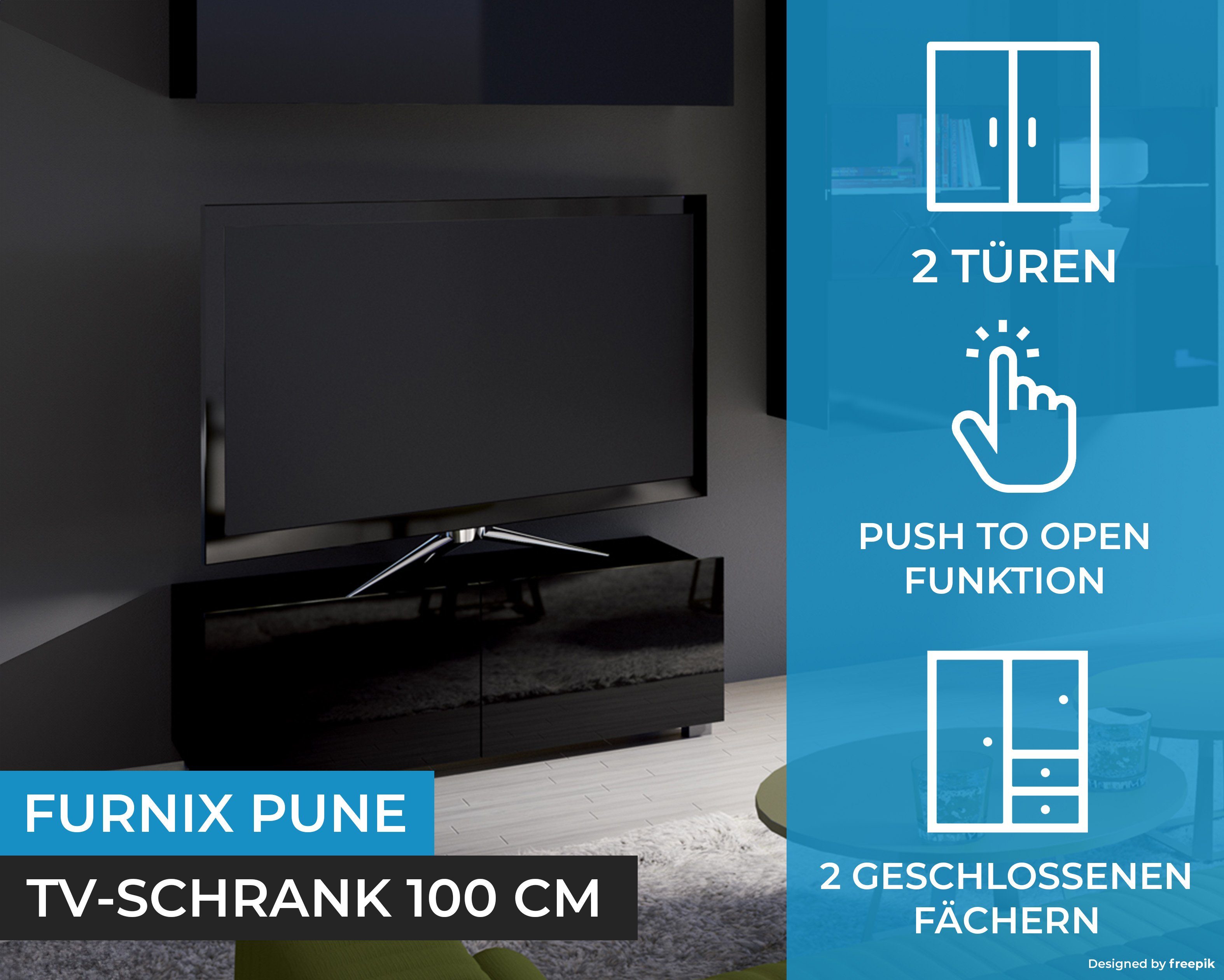 Furnix TV-Schrank oder TV-Lowboard Wohnzimmer Wahl freistähend nach Schwarz/Schwarz 100 möglich fürs Glanz PUNE Wandmontage