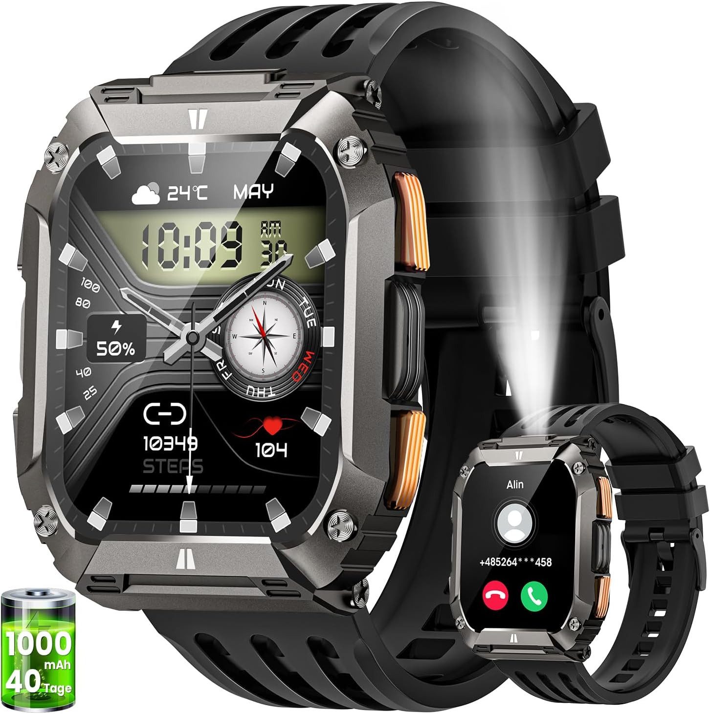 BANLVS 2025 Herren Militär 1000mAh Akku LED Taschenlampen AMOLED Outdoor Smartwatch (2.01 Zoll, Android / iOS), mit Telefonfunktion 5ATM Wasserdicht Fitnessuhr, 113 Sportmodi