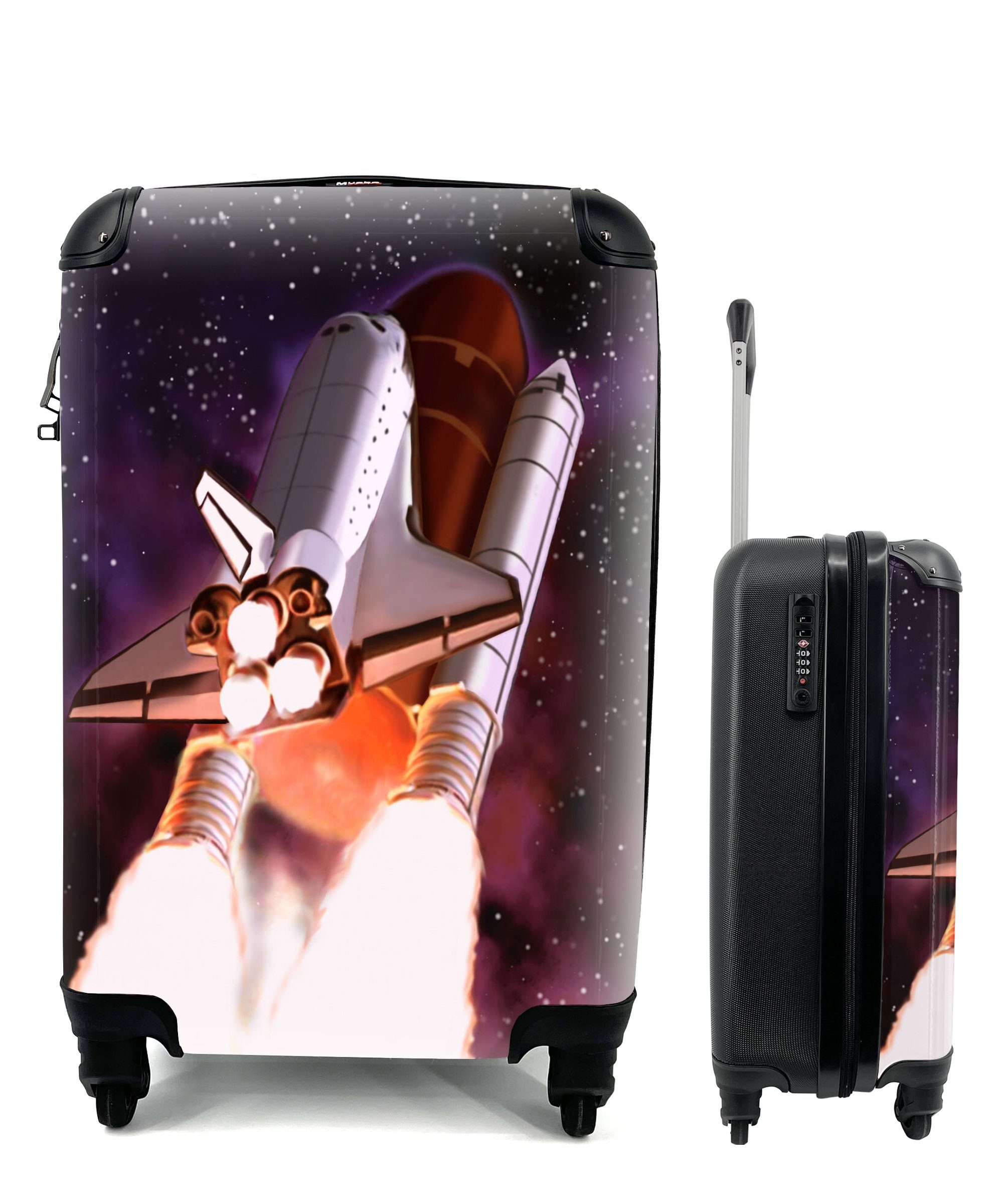 MuchoWow Handgepäckkoffer Eine Illustration des gestarteten Space Shuttles, 4 Rollen, Reisetasche mit rollen, Handgepäck für Ferien, Trolley, Reisekoffer