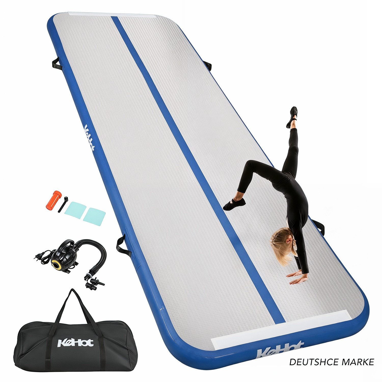 kehot Gymnastikmatte 3 Meter Gymnastikmatte aufblasbar für Zuhause & Training rutschfest (10 cm dicke Polsterung für Yoga, Pilates, Cheerleading & Gymnastik, Mit 600 W Elektropumpe & Überhitzungsschutz für schnelles Aufpumpen), Erhältlich in Blau oder Pin