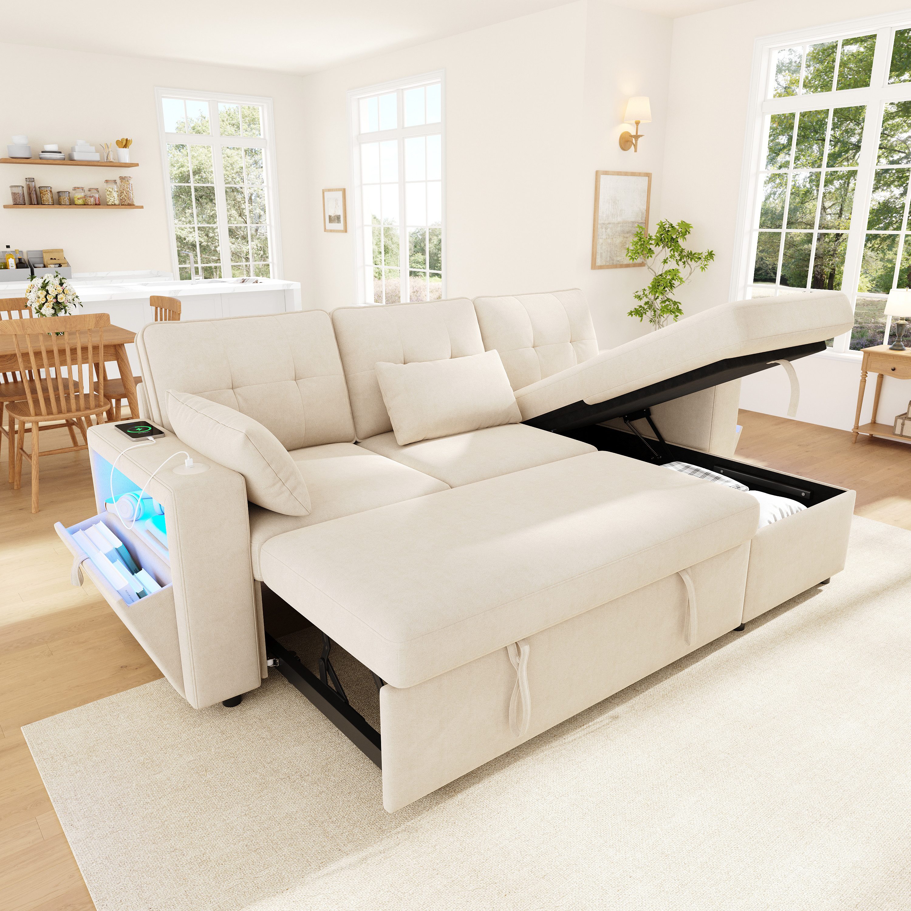 Merax Ecksofa mit Schlaffunktion, Schlafsofa mit wechselbarer Chaiselongue, Chenille, 213 x 131 x 83 cm 1 Teile, Eckcouch mit LED USB/Type-C Armlehnen-Staufächer Stauraum Liegefläche