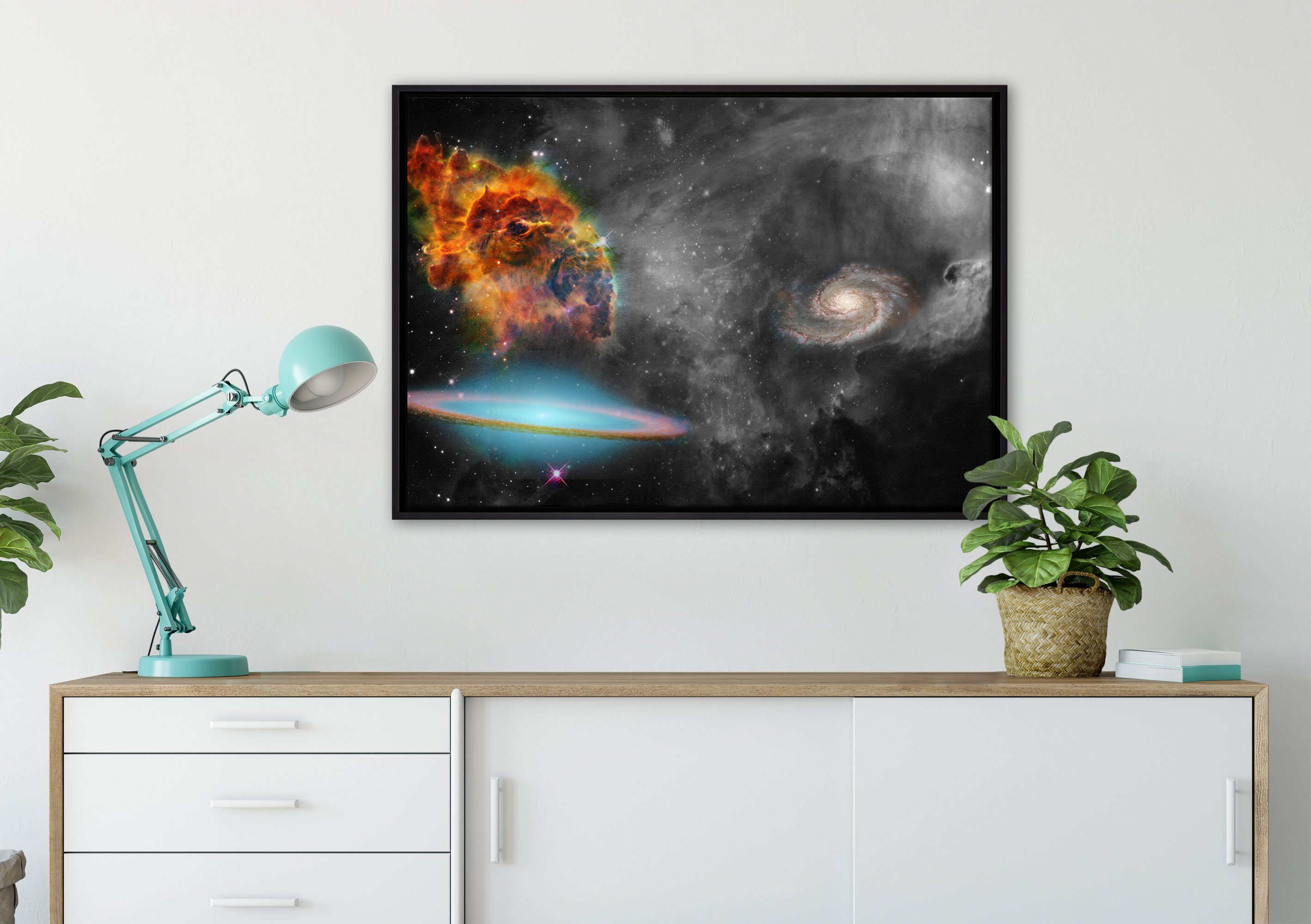 Pixxprint Leinwandbild beeindruckende Galaxie, (1 St), Zackenaufhänger bespannt, fertig in gefasst, Wanddekoration inkl. Leinwandbild einem Schattenfugen-Bilderrahmen
