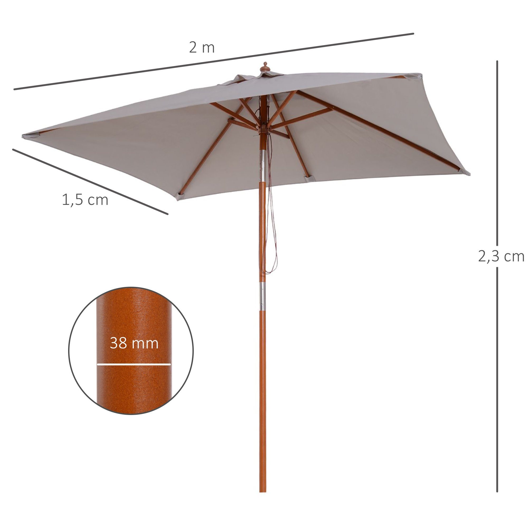 Outsunny Sonnenschirm Knickbar, LxB: 200x150 cm, rechteckig Strandschirm, 3-stufig einstellbarer Schirm, Verstellbarer Neigungswinkel bis 45°