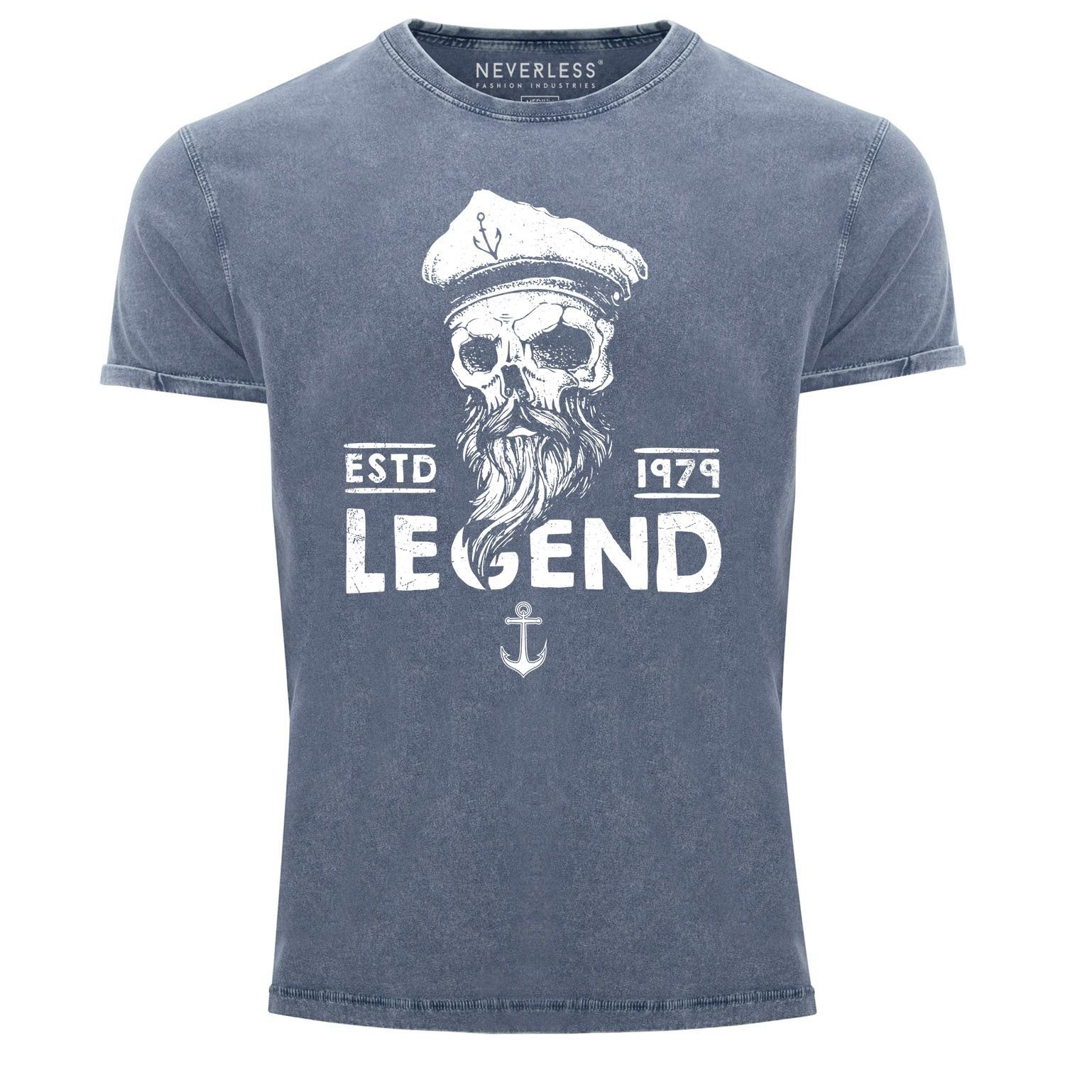 Neverless Print-Shirt Cooles Fit Totenkopf Neverless® Shirt Aufdruck blau Captain Used Herren Vintage mit Legend Slim Print Angesagtes T-Shirt Look