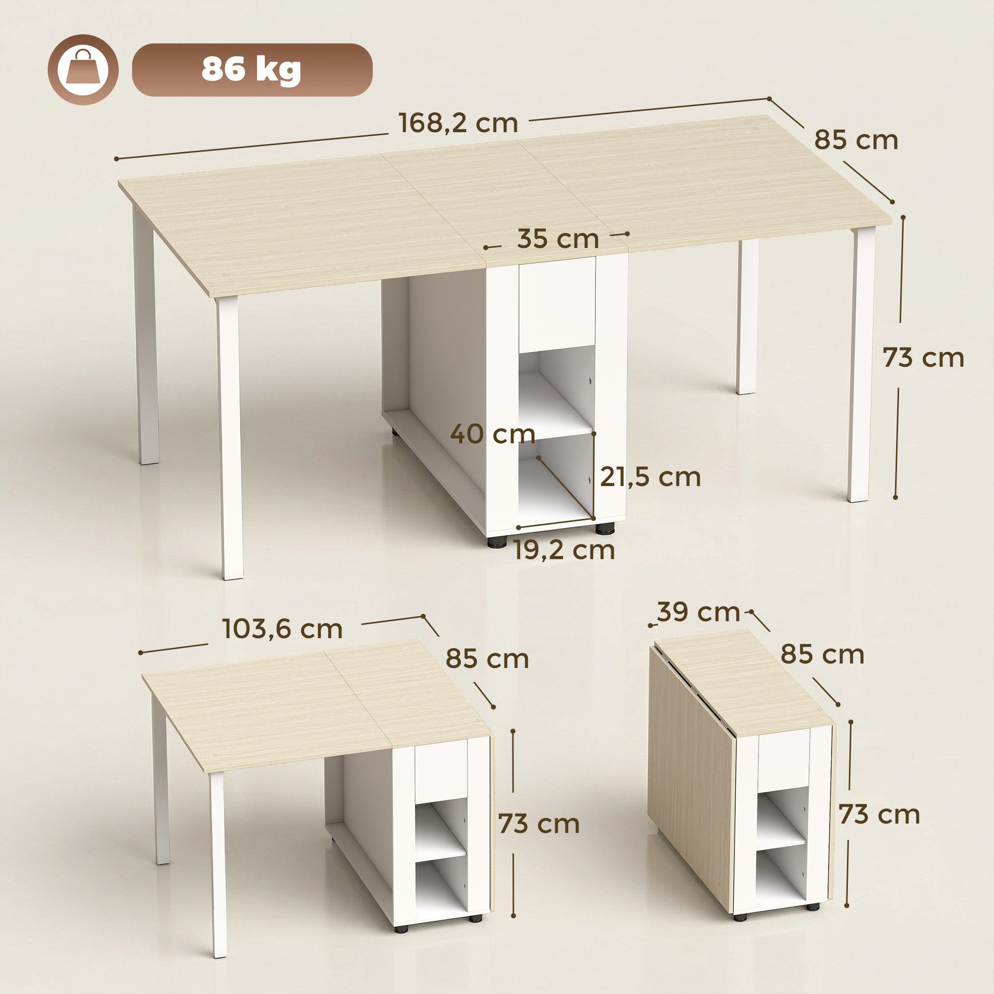 HOMCOM Klapptisch 2 Schubladen, 4 Ablagen für bis zu 6 Personen, mit Holzbeinen (Esstisch, 1-St., Küchentisch), Esszimmertisch