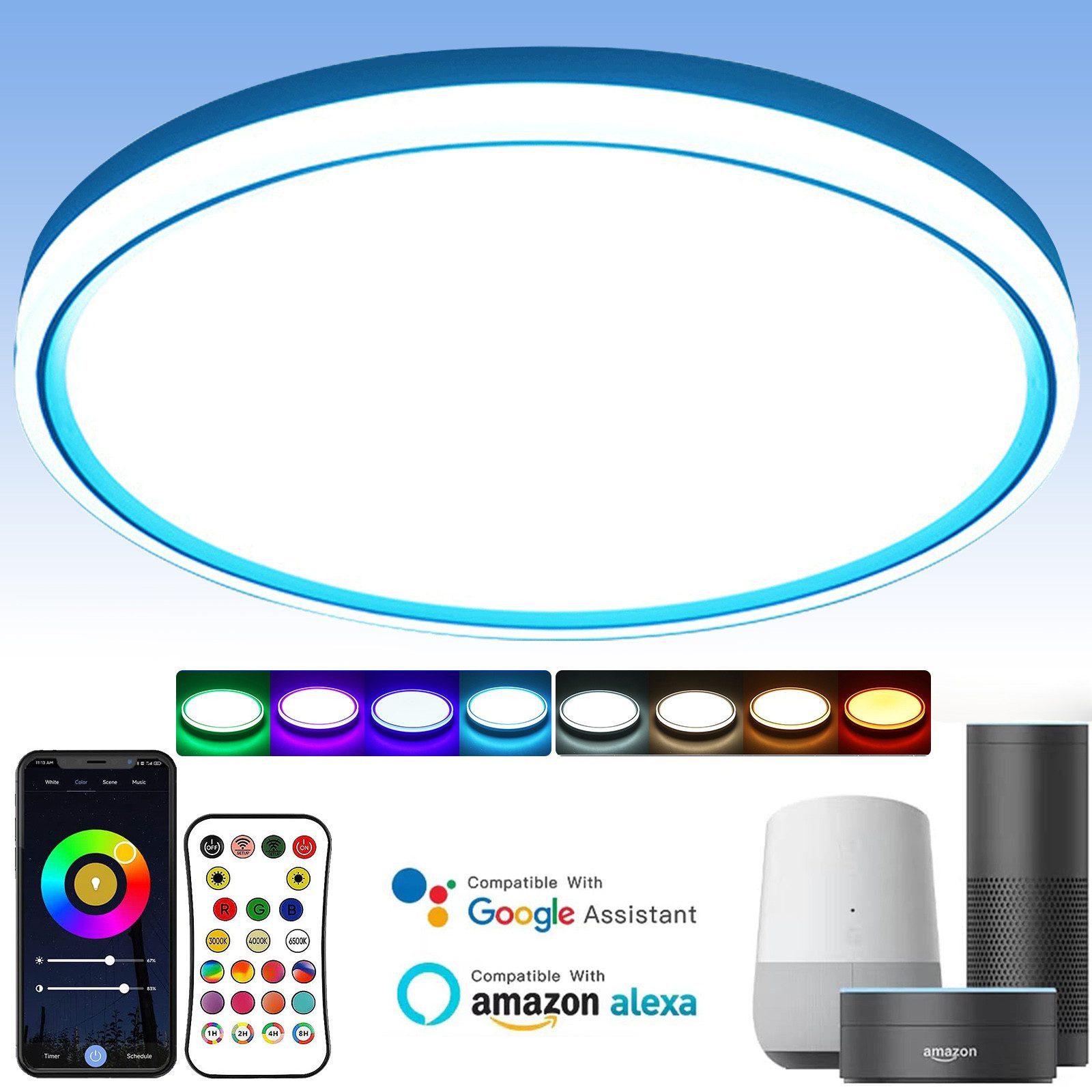 POPOLIC Deckenleuchten 24W Graffiti-Smart-RGB-Farb-Deckenleuchte,Ø30 cm, Mit Fernbedienung, integrierter LED-Beleuchtung, Sprachsteuerung, Timer und einer Dicke von 5,8 cm.