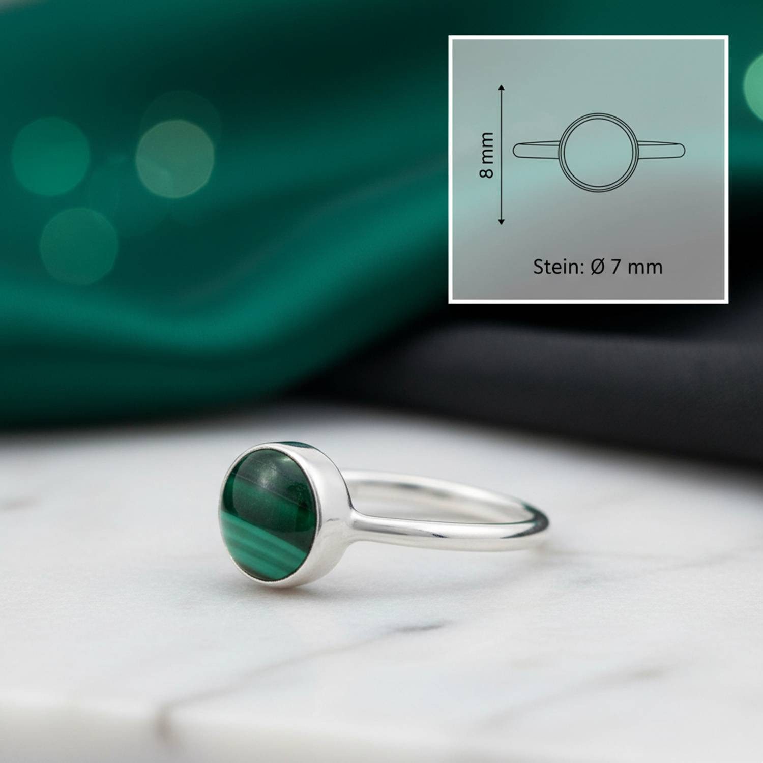 mantraroma Silberring SAMA rund aus 925 Silber mit Malachit (Ring mit Schmuckbeutel), Damenring aus 925er Silber