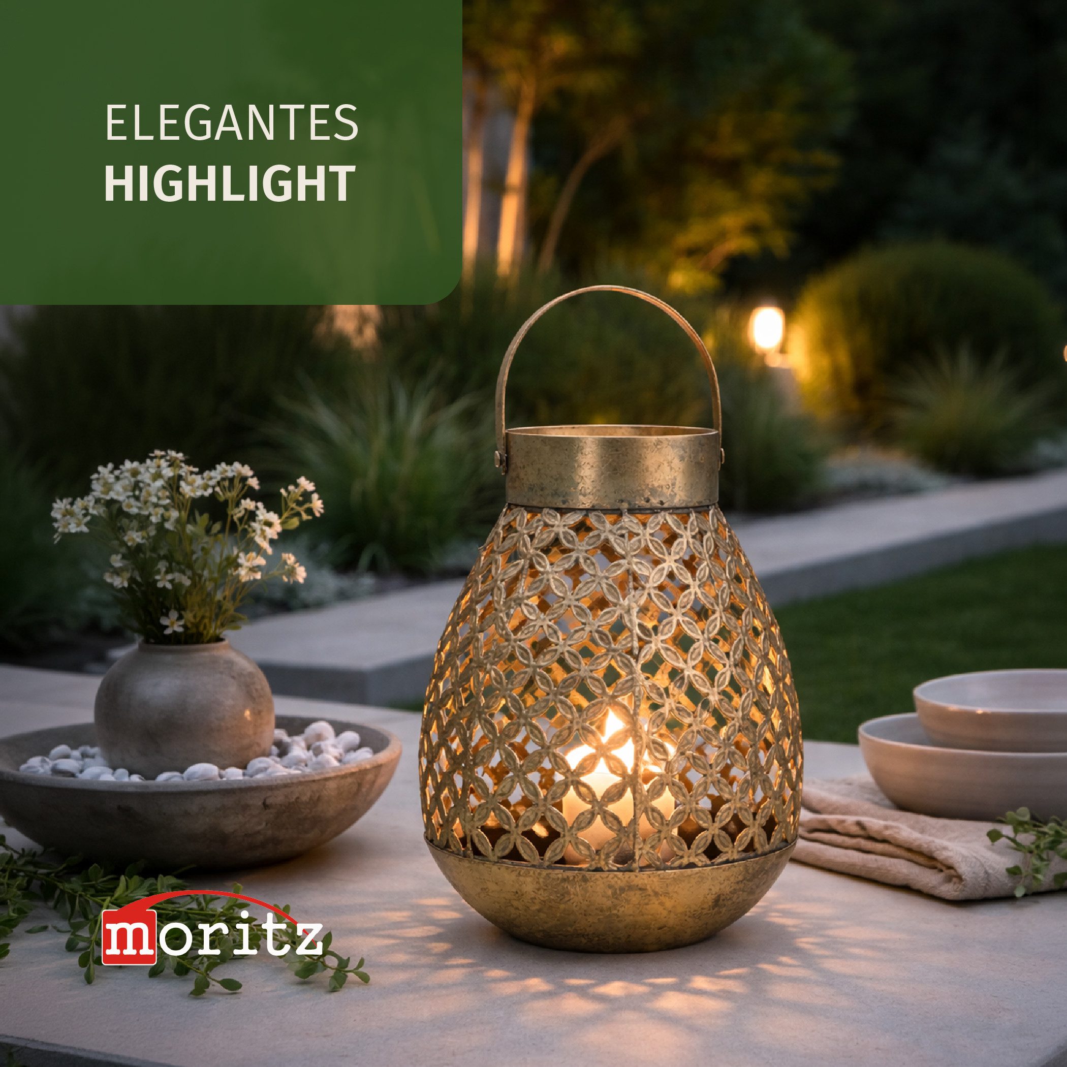 Moritz Windlicht Laterne Windlicht orientalisch H 28 cm Metall antikgold Blumenmuster