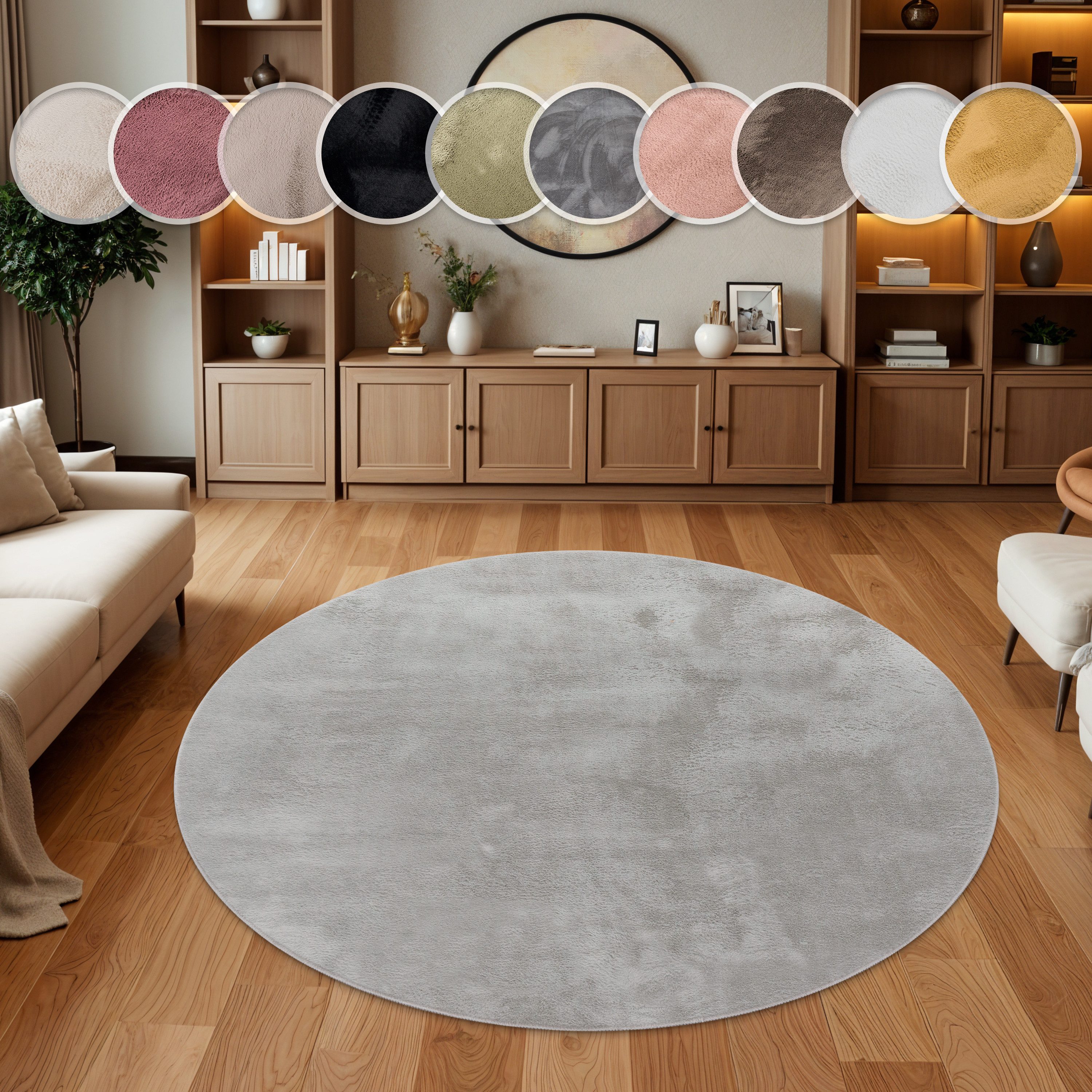 Paco Home Fellteppich Kunstfell Soft 380, rund, Höhe: 14 mm, Langflor, Kuschelteppich - besonders weich, Uni-Farben