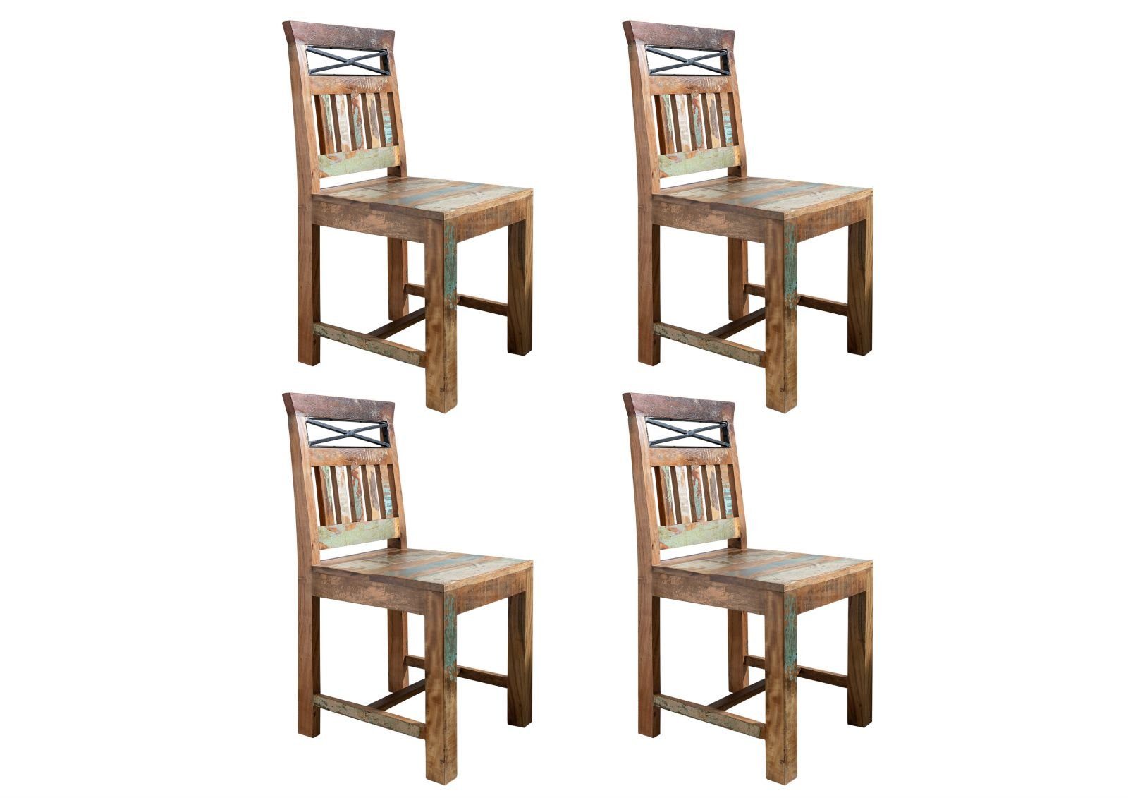 Massivmoebel24 Holzstuhl »NATURE OF SPIRIT« (Stuhl mit dekorativer  Rückenlehne im 4er Set aus massiver Mango und Akazie im Vintage Look, in  bunt lackiert 45x45x90 Altholz montiert), Schnitzereien, Unikat, ca. 60%  wiederverwertetes Altholz,
