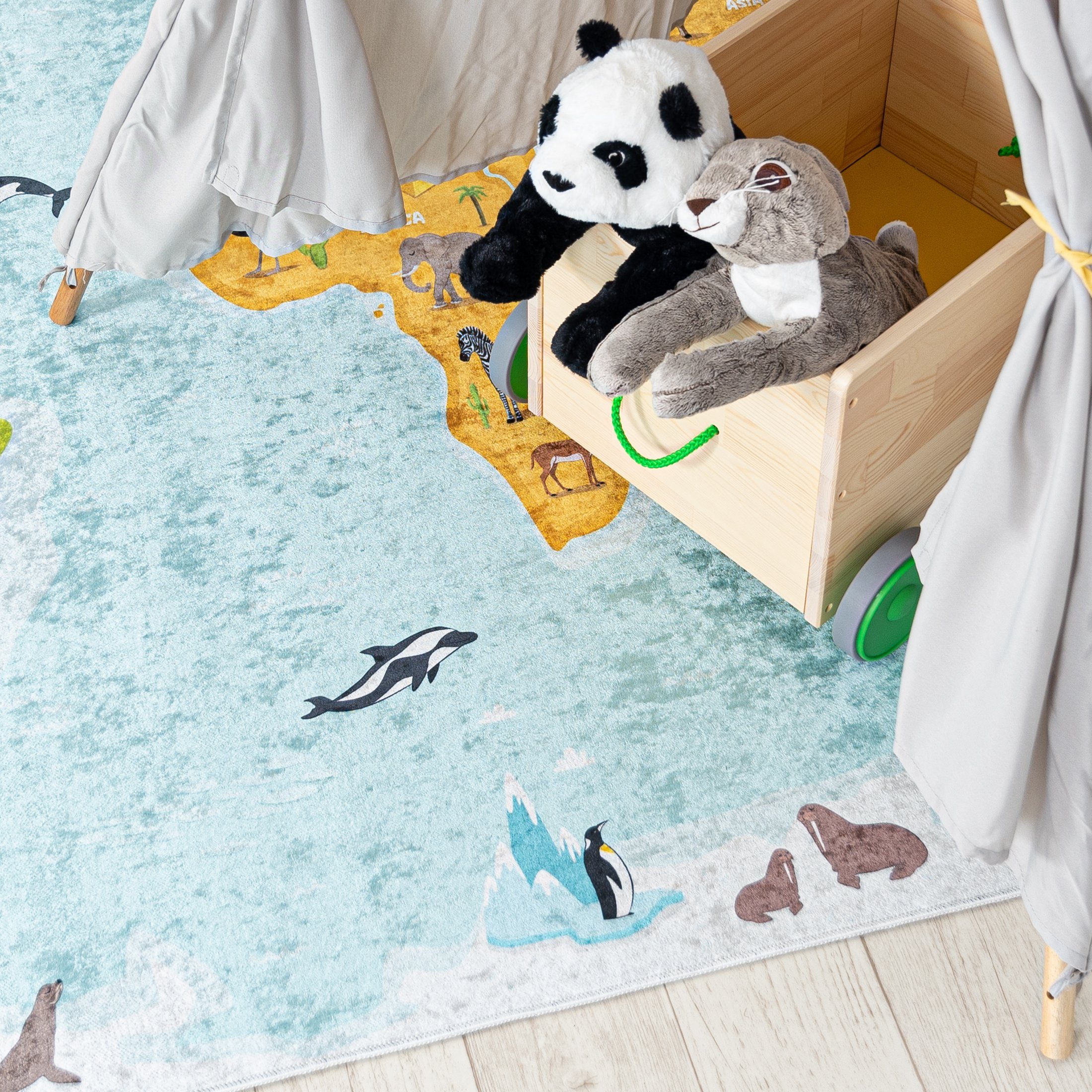 Mazovia Kinderteppich Kinderteppich Kinderzimmerteppich Spielteppich Weltkarte, 80 x 150 cm, Kurflor, Waschbar in Waschmaschine, Höhe 5 mm, Rutschfest