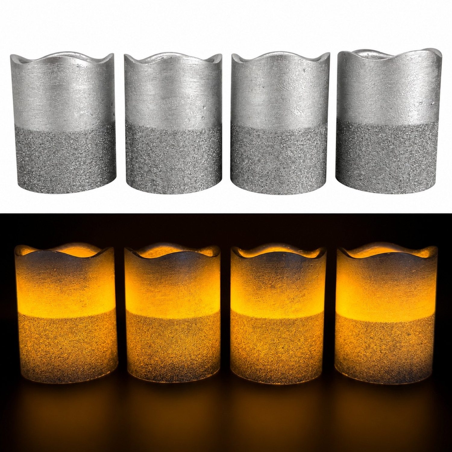 Online-Fuchs LED-Kerze 4 LED-Kerzen aus Echtwachs im Set mit Metallic Glitzer und Timer, KEINE Flamme, leuchtet aus dem Inneren, warmweißer Flackereffekt, praktische 6-Stunden Timerfunktion integriert