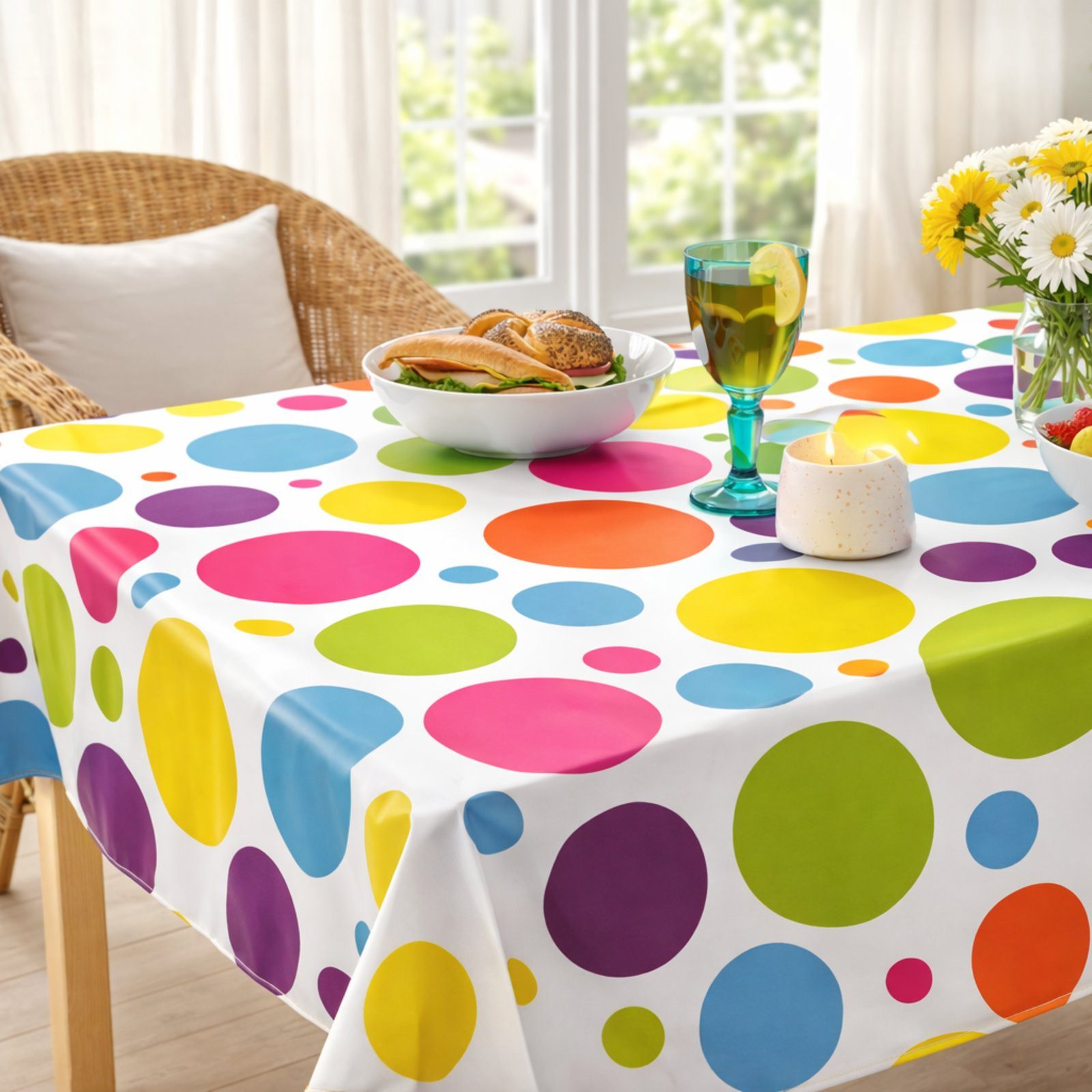 Melody Gartentischdecke Wachstuch Tischdecke Punkte bunt groß abwaschbar eckig rund oval, bedruckt, abwischbar, wasserfest, fleckschutz